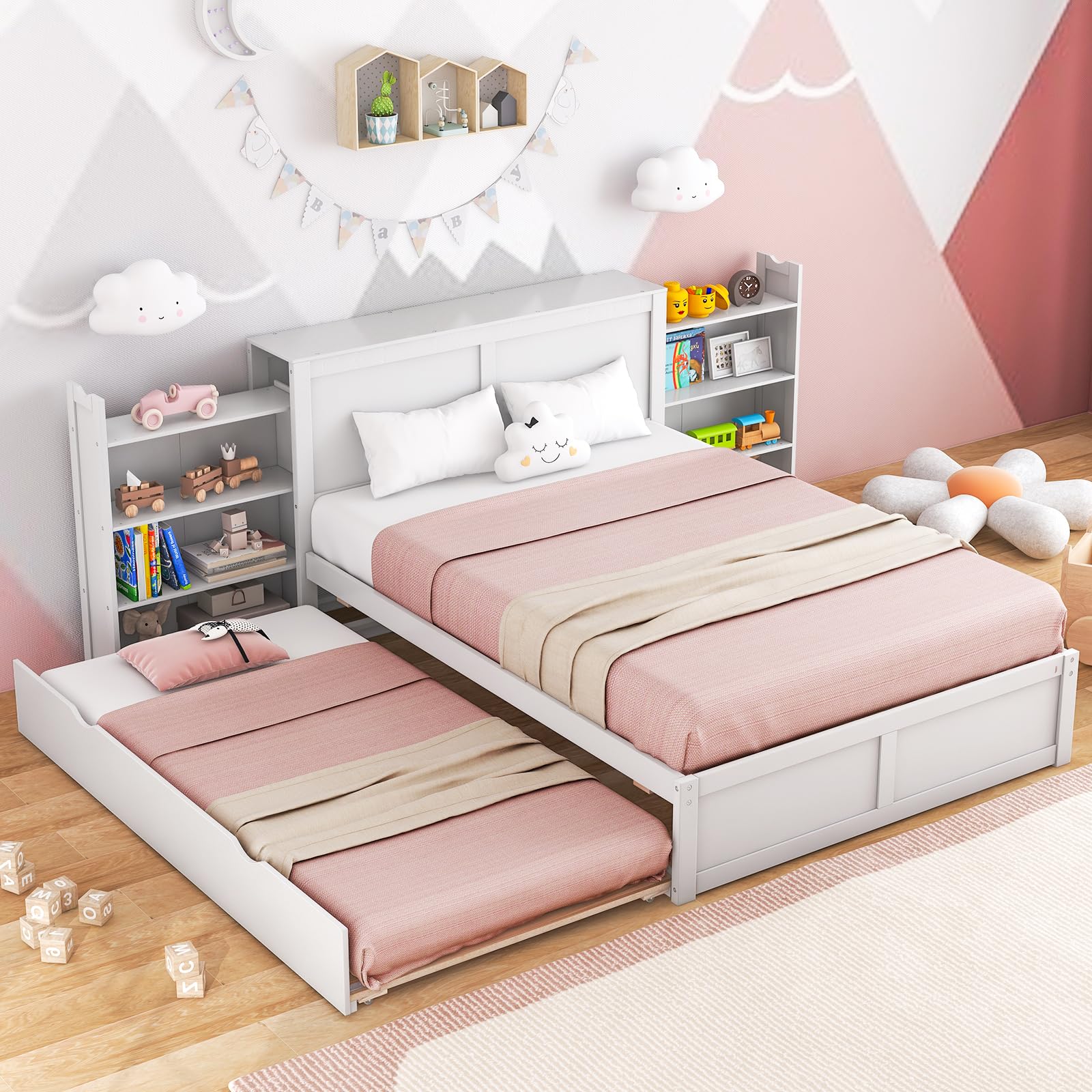 Twin Wood Daybed with Trundle with 2 Rolling Bookcases & High Headboard