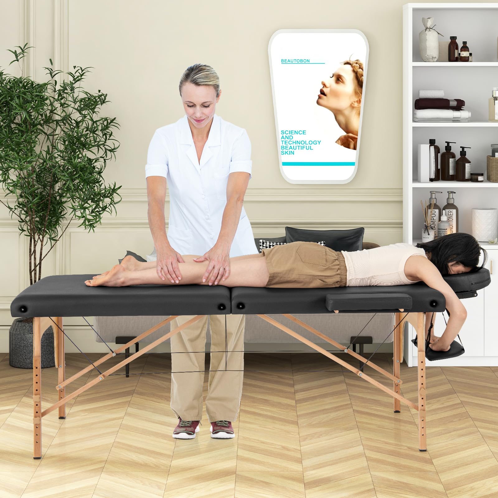 Portable Massage Bed w/Carrying Case, 2-Section Salon Spa Facial Care Tattoo Bed, Height Adjustable