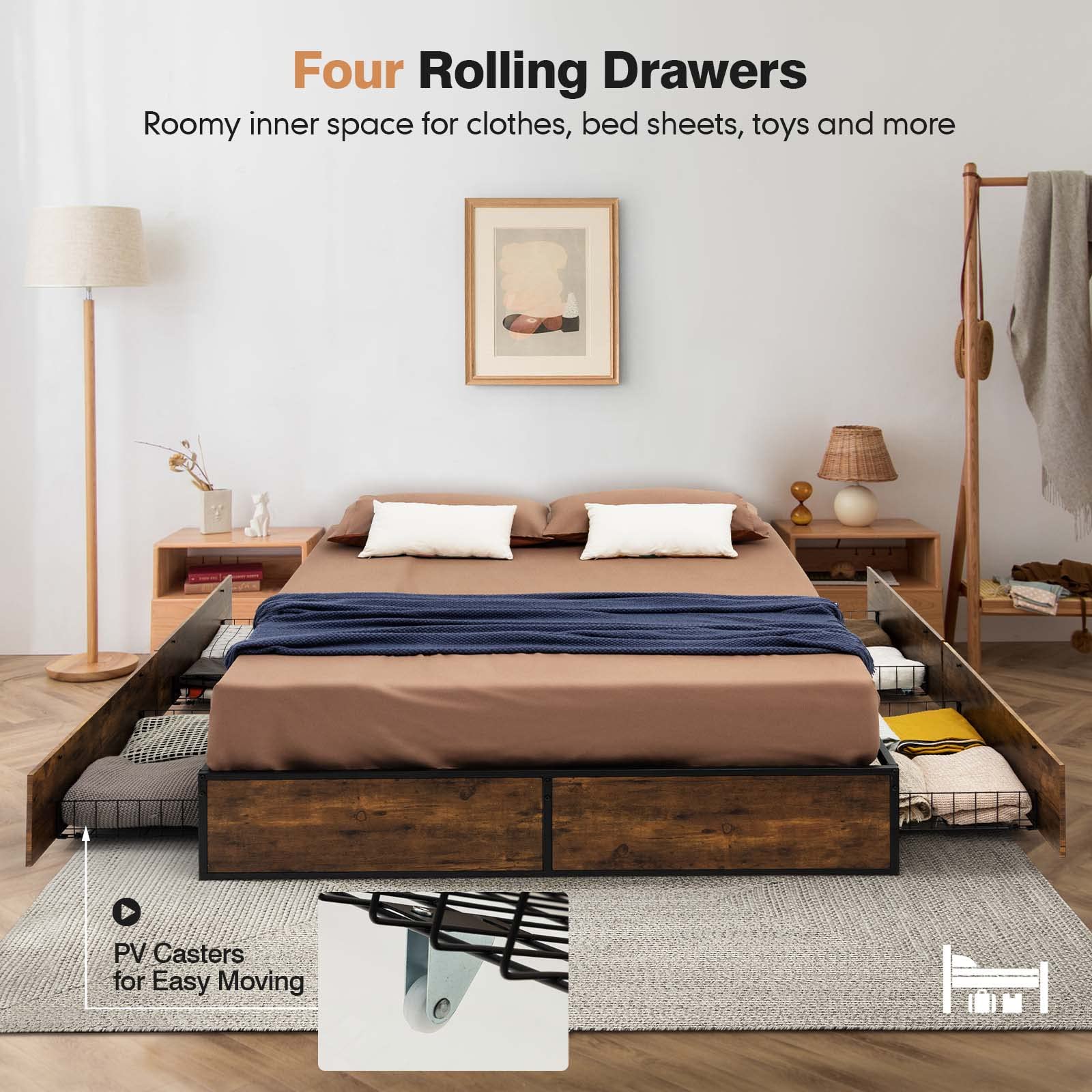 Industrial Metal Bed Frame with 4 Drawers & Reserved Holes for Headboard
