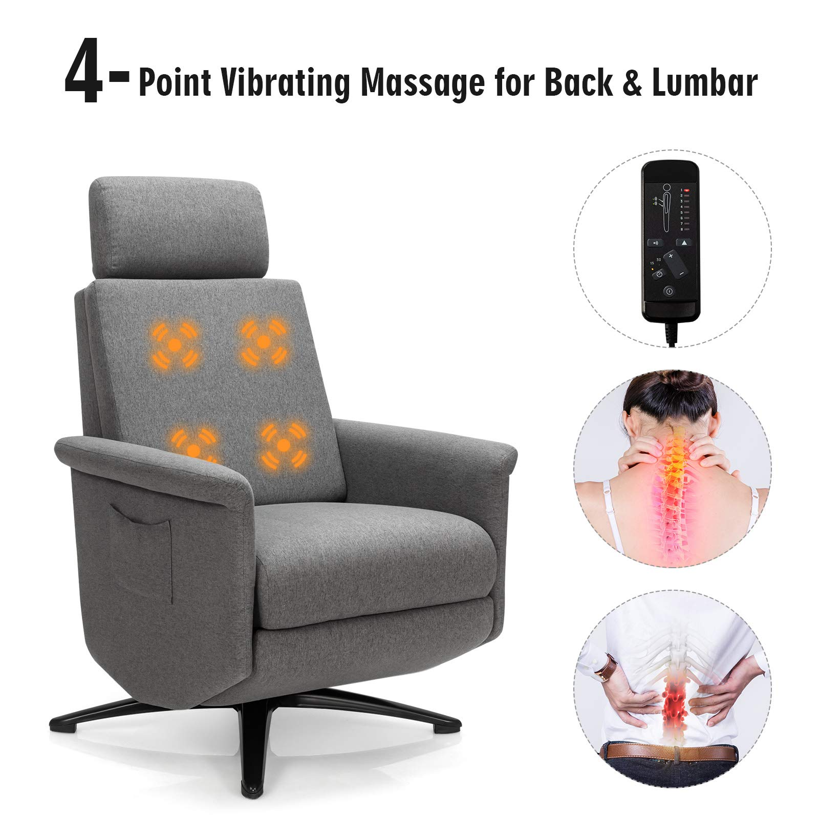 Recliner Chair with Vibration Massage & Remote Control , 360 Degree Swivel Reclining Sofa Chair