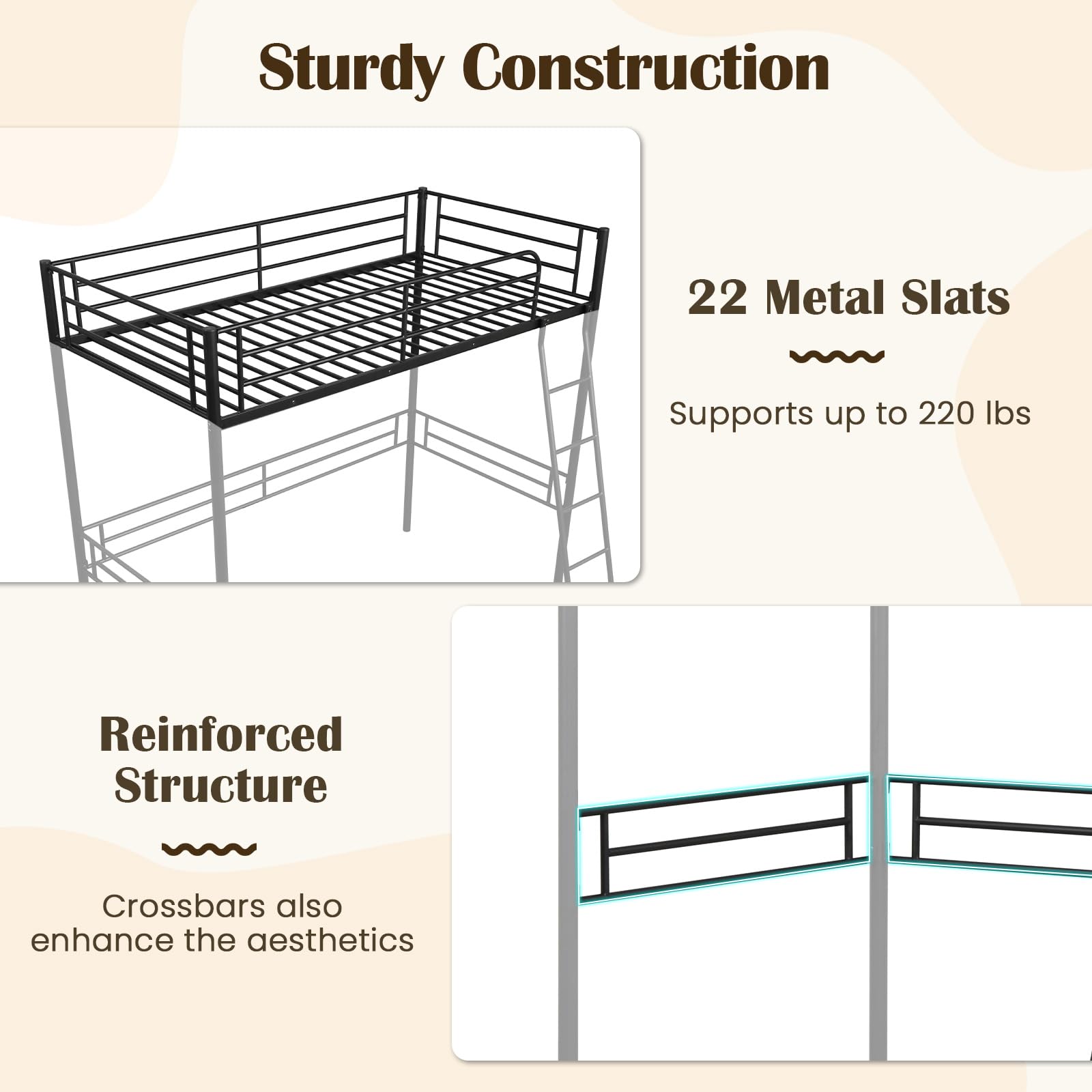 Twin Size Loft Bed, Metal Loft Bed Frame with Ladder & Safety Guardrail