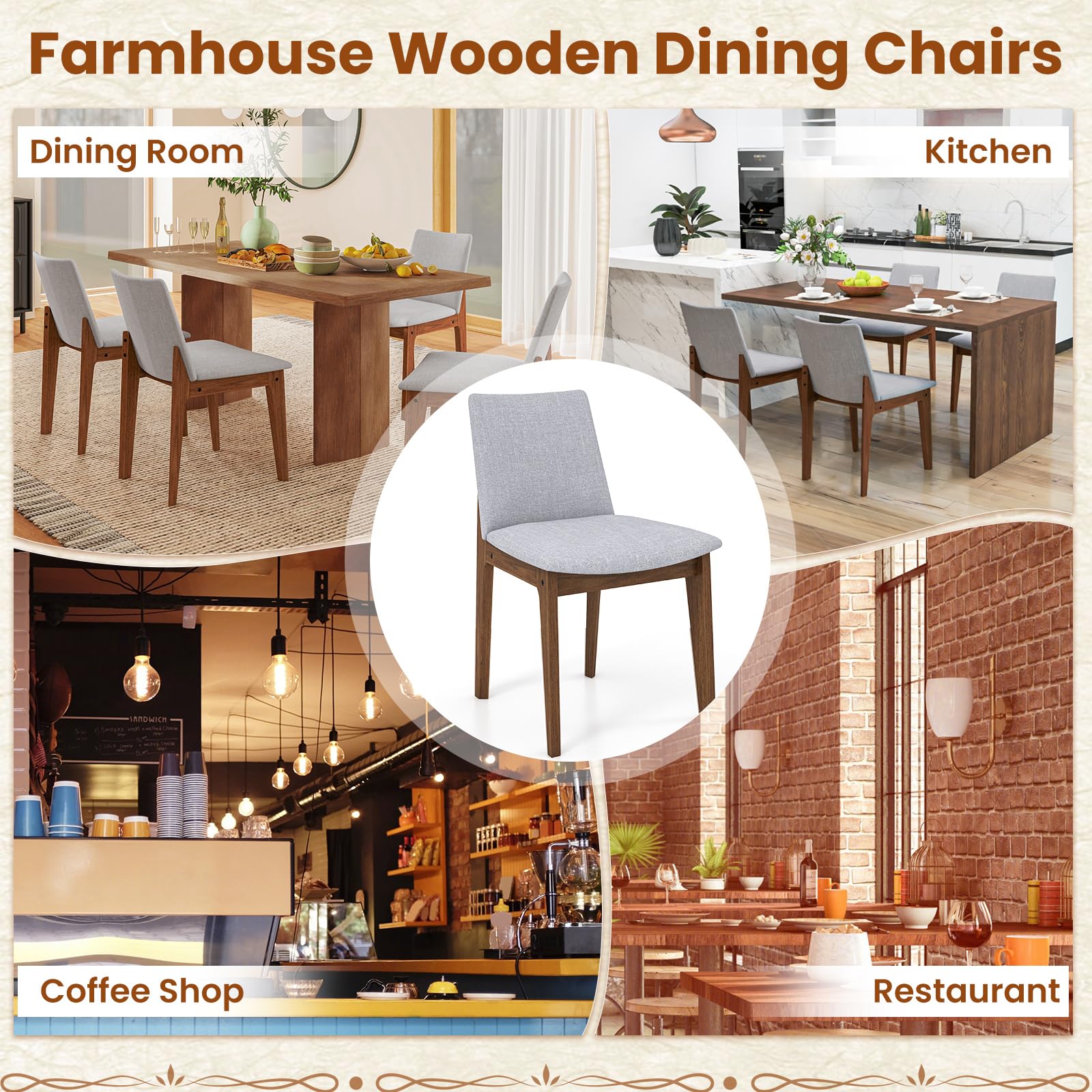 Upholstered Dining Chairs Set of 2/4 with Rubber Wood Frame, Padded Cushions, High Curved Back