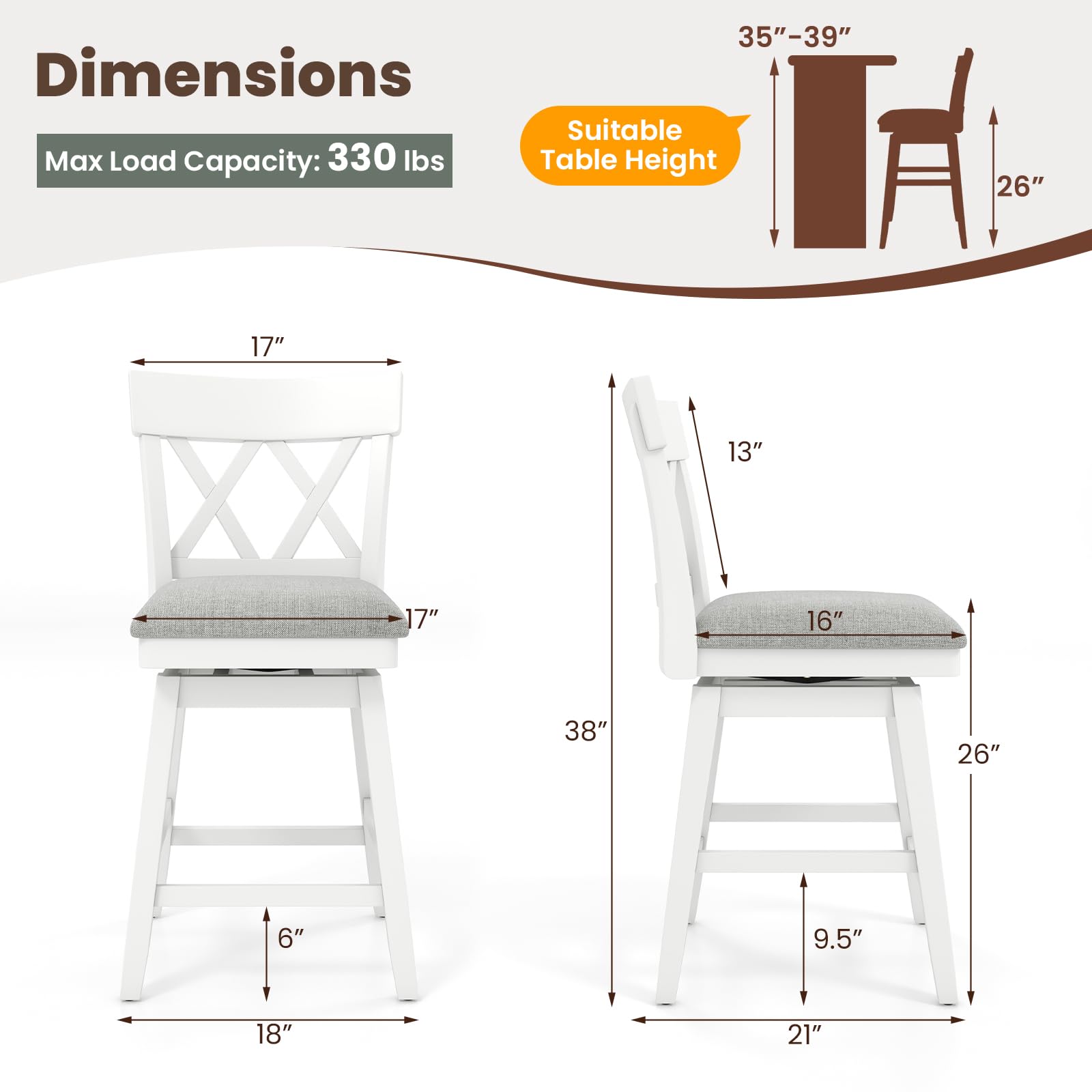 Swivel Counter Height Bar Stool with Contoured Backrest, Padded Seat & Rubber Wood Legs
