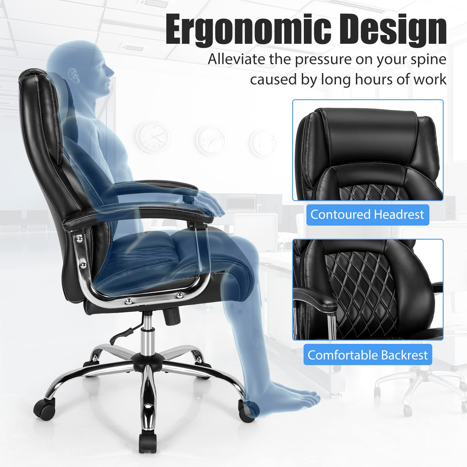 500LBS Big and Tall Office Chair, Wide Seat Large Leather Executive Chair with Heavy Duty Metal Base