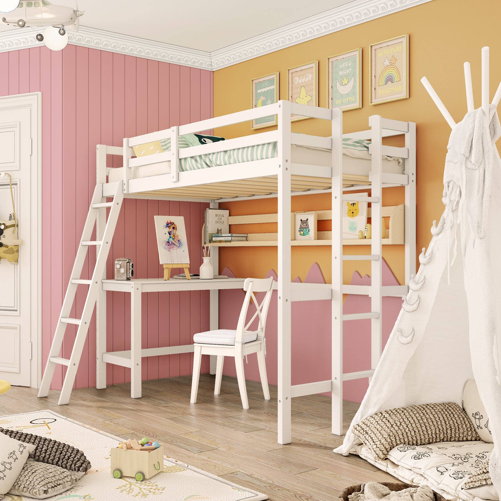 Twin Size Wood Loft Bed with Desk, 2 Ladders, Full Length Guardrail for Kids Teens Adults