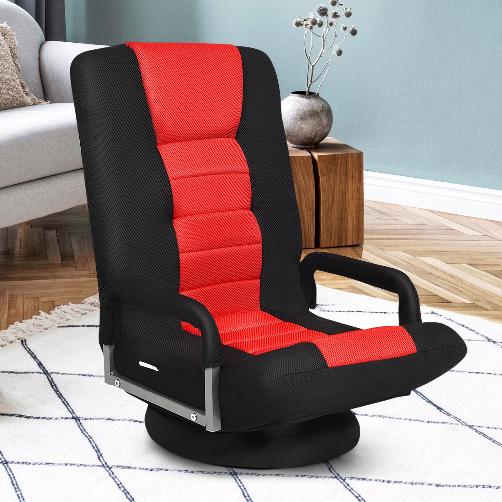 360-Degree Foldable Swivel Gaming Floor Chair With 6 Adjustable Position, Armrests, Padded Backrest