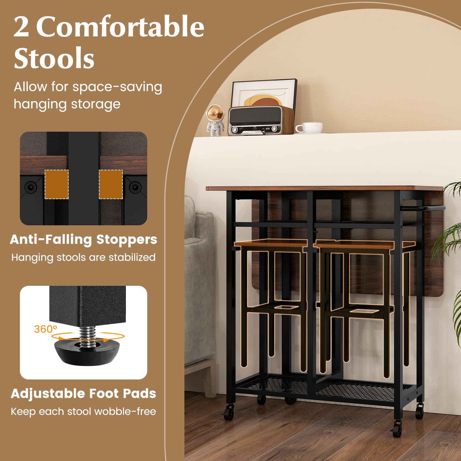 3 Piece Foldable Dining Table Set, Extendable Dining Table & 2 Stools Set w/ 6-Bottle Wine Rack, Shelves & Side Pushing Handle