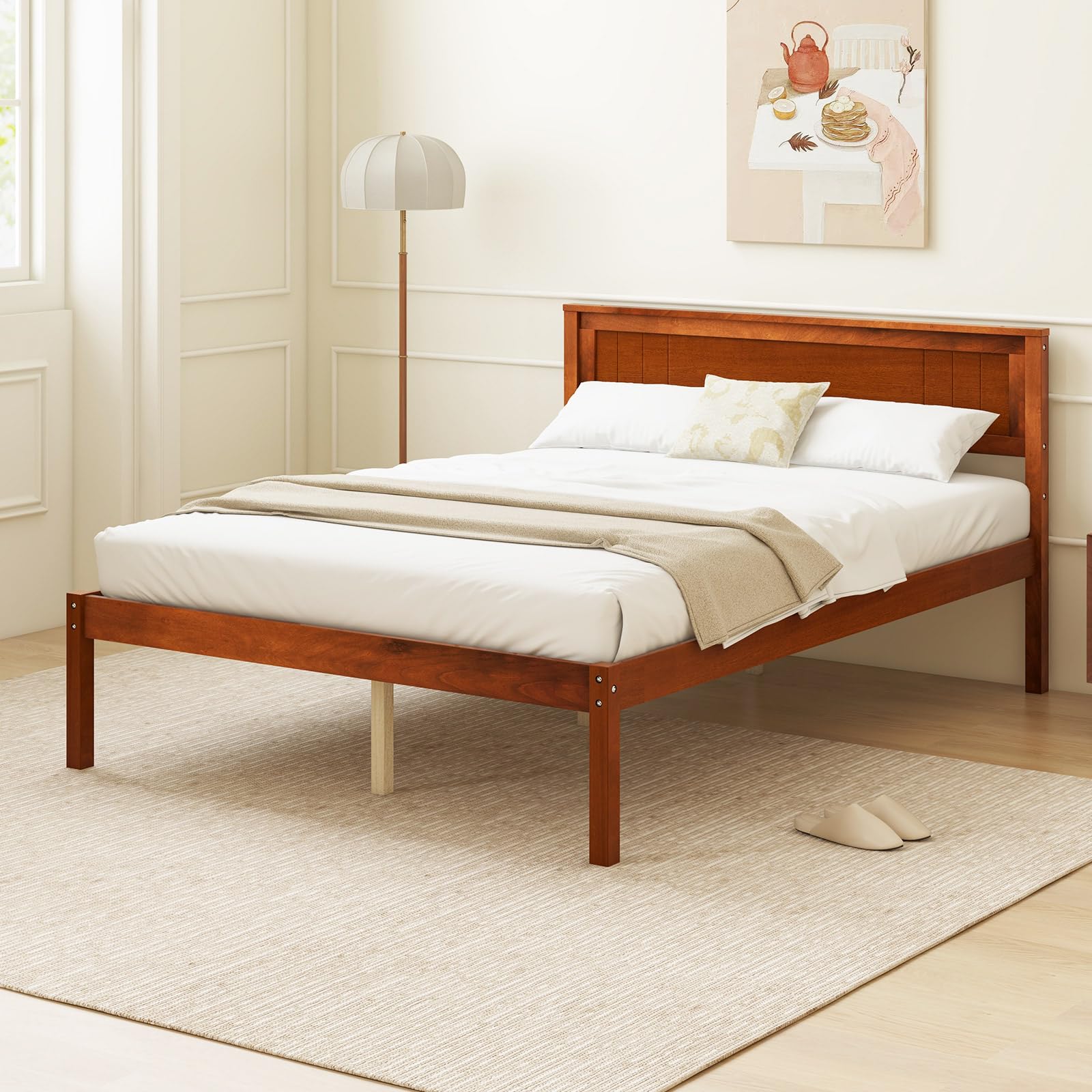 Wooden Platform Bed Frame with Headboard & Wood Slat Support