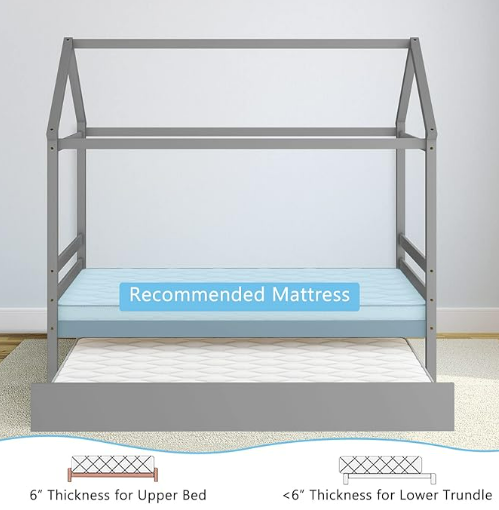 Twin Size Wood House Bed with Trundle and Roof