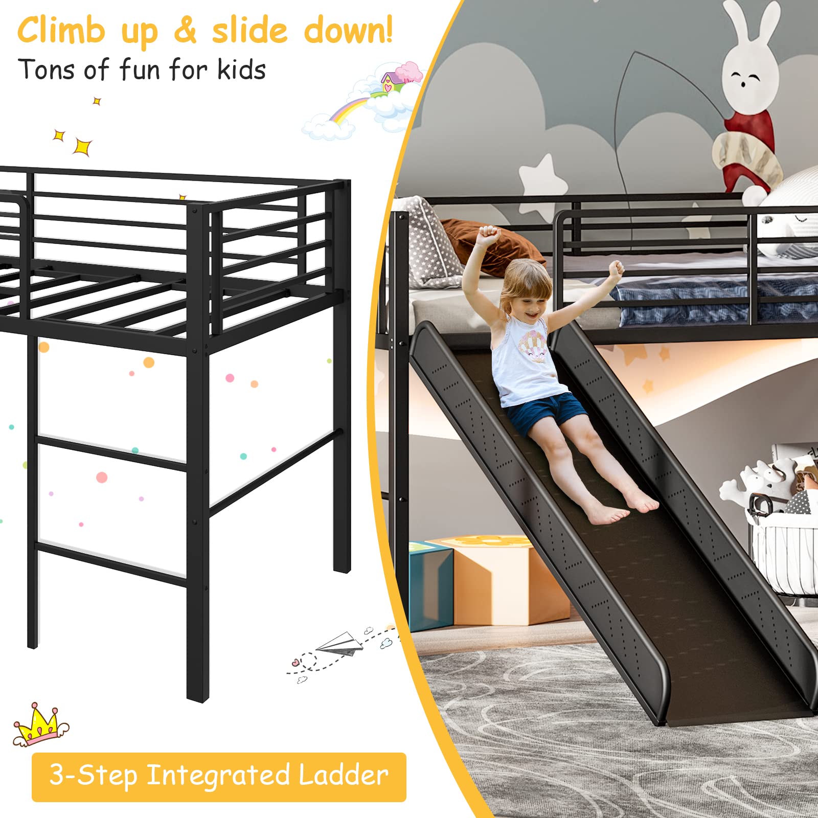 Twin Metal Low Loft Bed with Slide, Safety Guardrails & Built-in Ladder