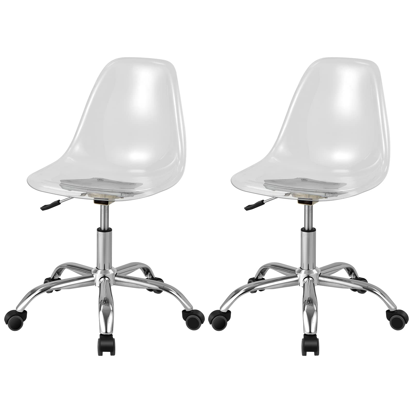 Acrylic Clear Desk Chair, Armless Swivel Vanity Ghost Plastic Chair with Sturdy Metal Base & Smooth Wheels