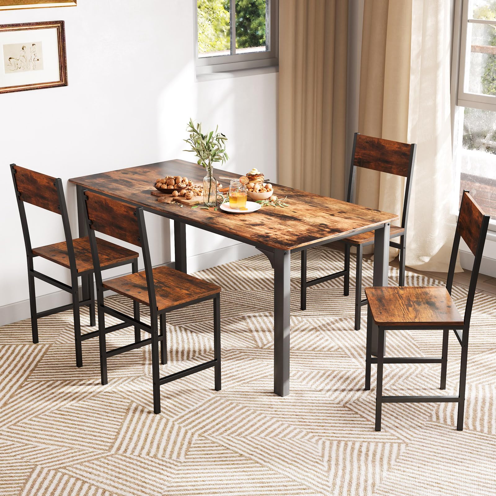 Dining Chairs Set of 2/4 with Metal Legs, Slanted Back, Rustic Wood Grain