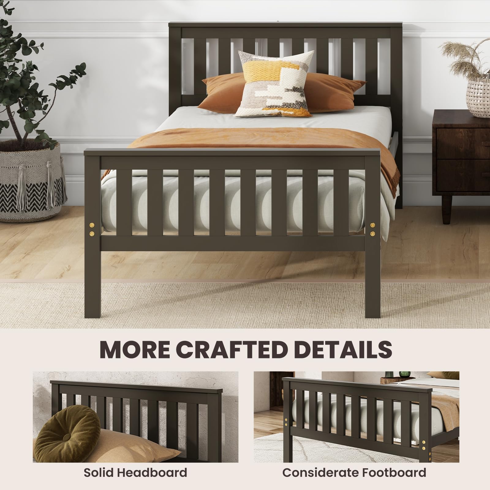 Wood Platform Bed Frame with Headboard, Wooden Slats Support, 12" Under-Bed Storage Space