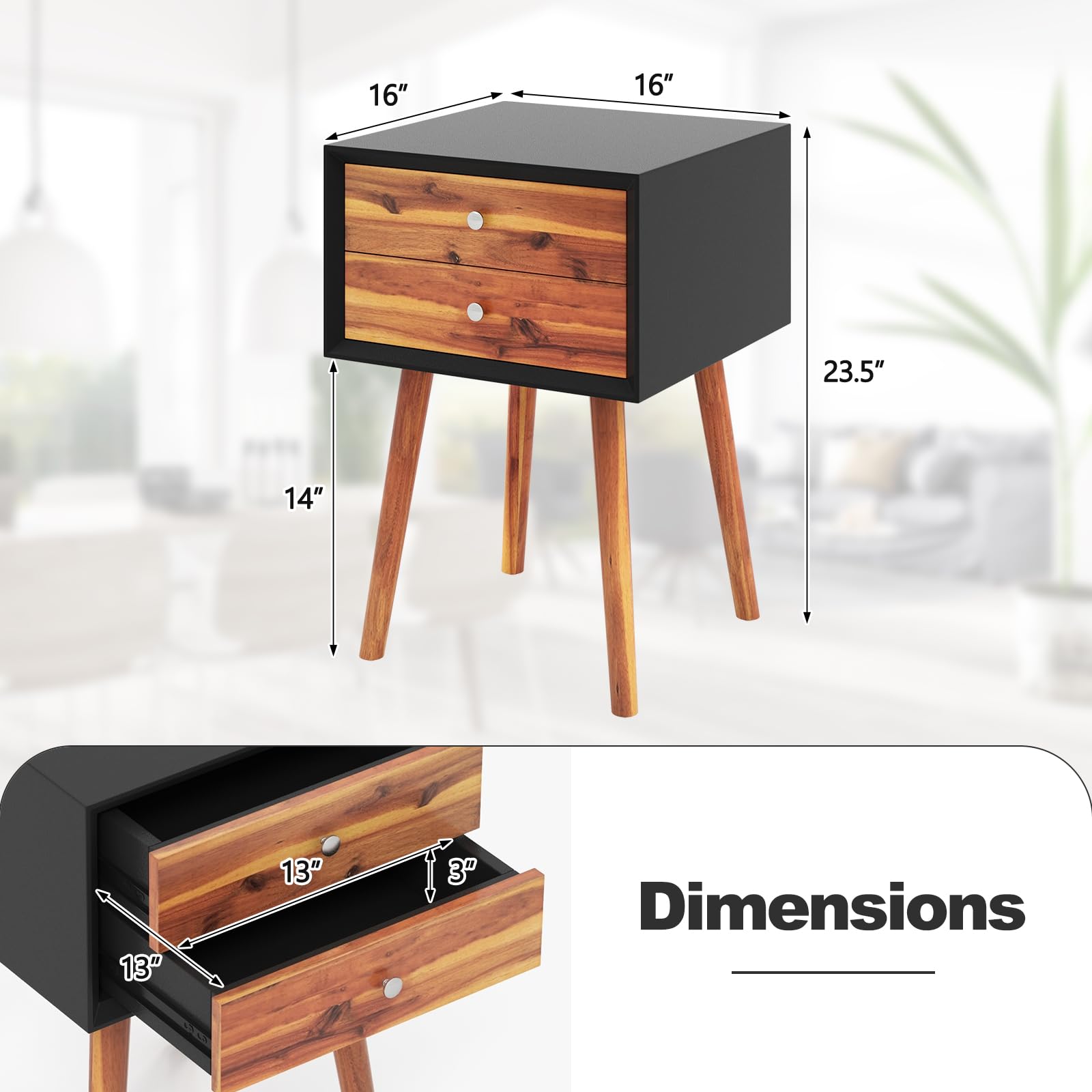 2-Drawer Nightstand, Mid-Century Modern Bed Side Table with Storage