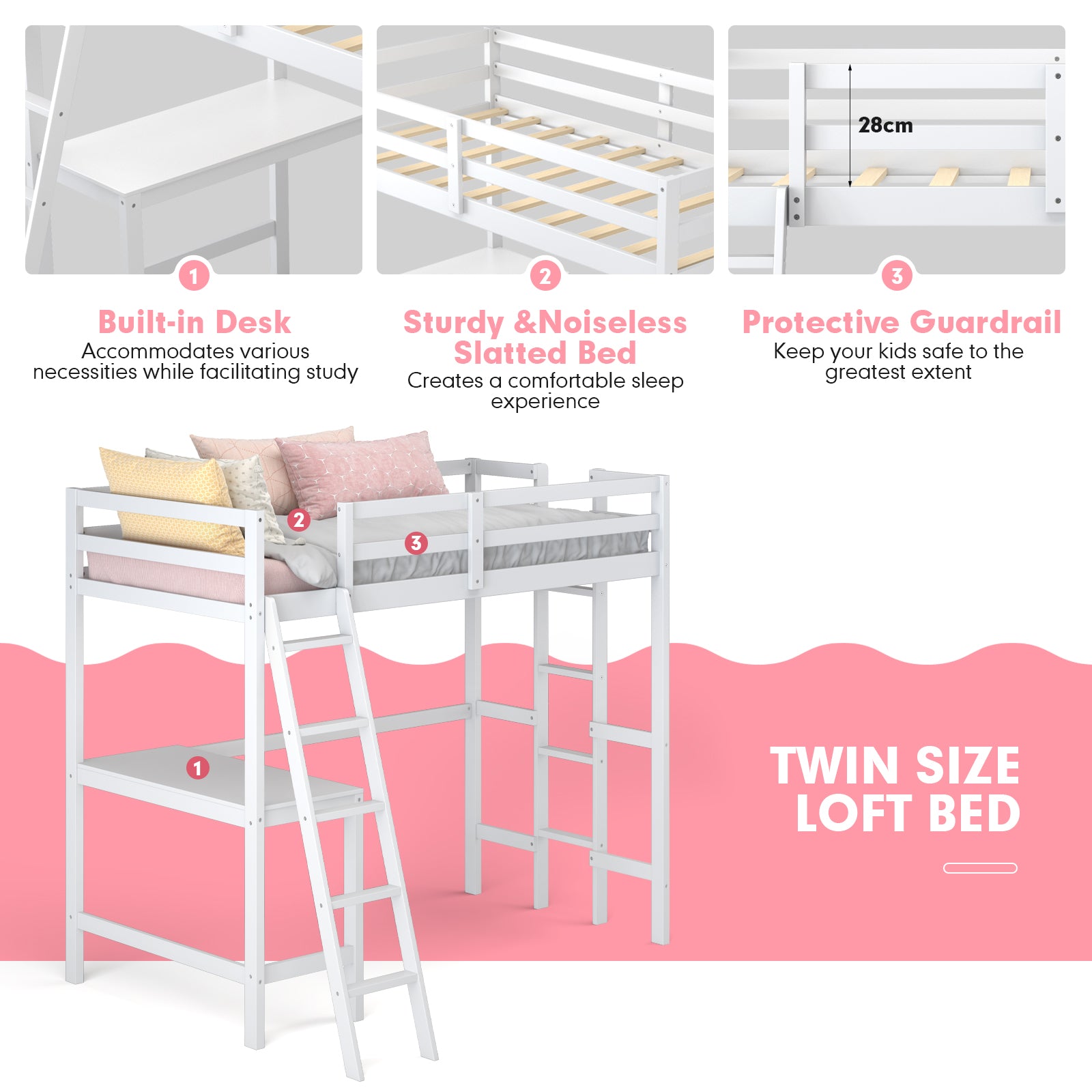 Twin Size Wood Loft Bed with Desk, 2 Ladders, Full Length Guardrail for Kids Teens Adults