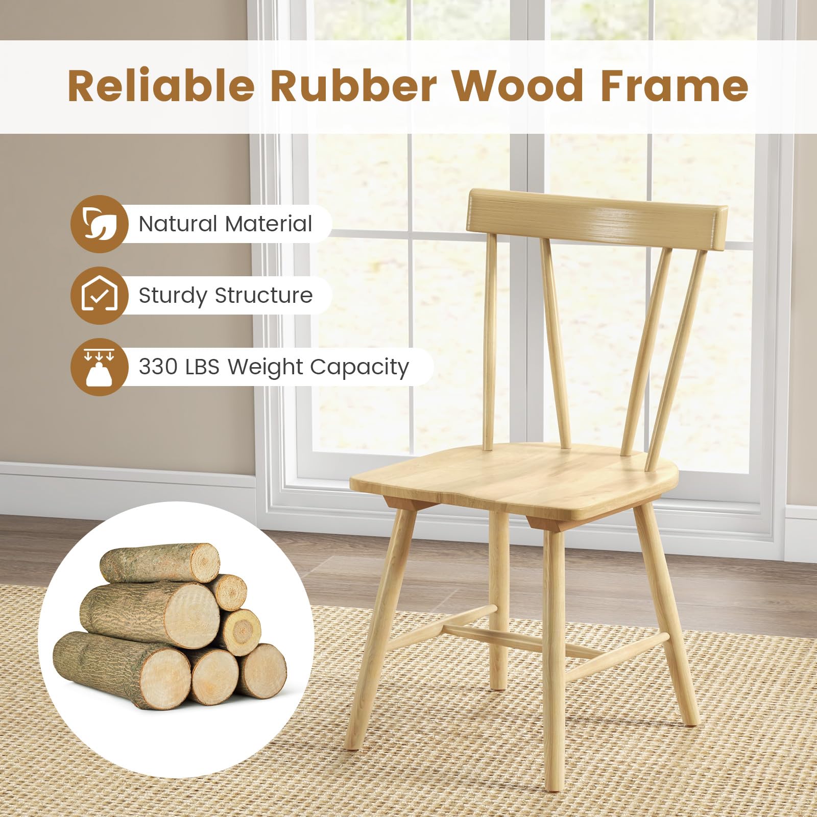 Set of 2/4 Windsor Chairs, Rubber Wood Dining Chairs with Spindle Back, Wide Seats, Anti-Slip Foot Pads