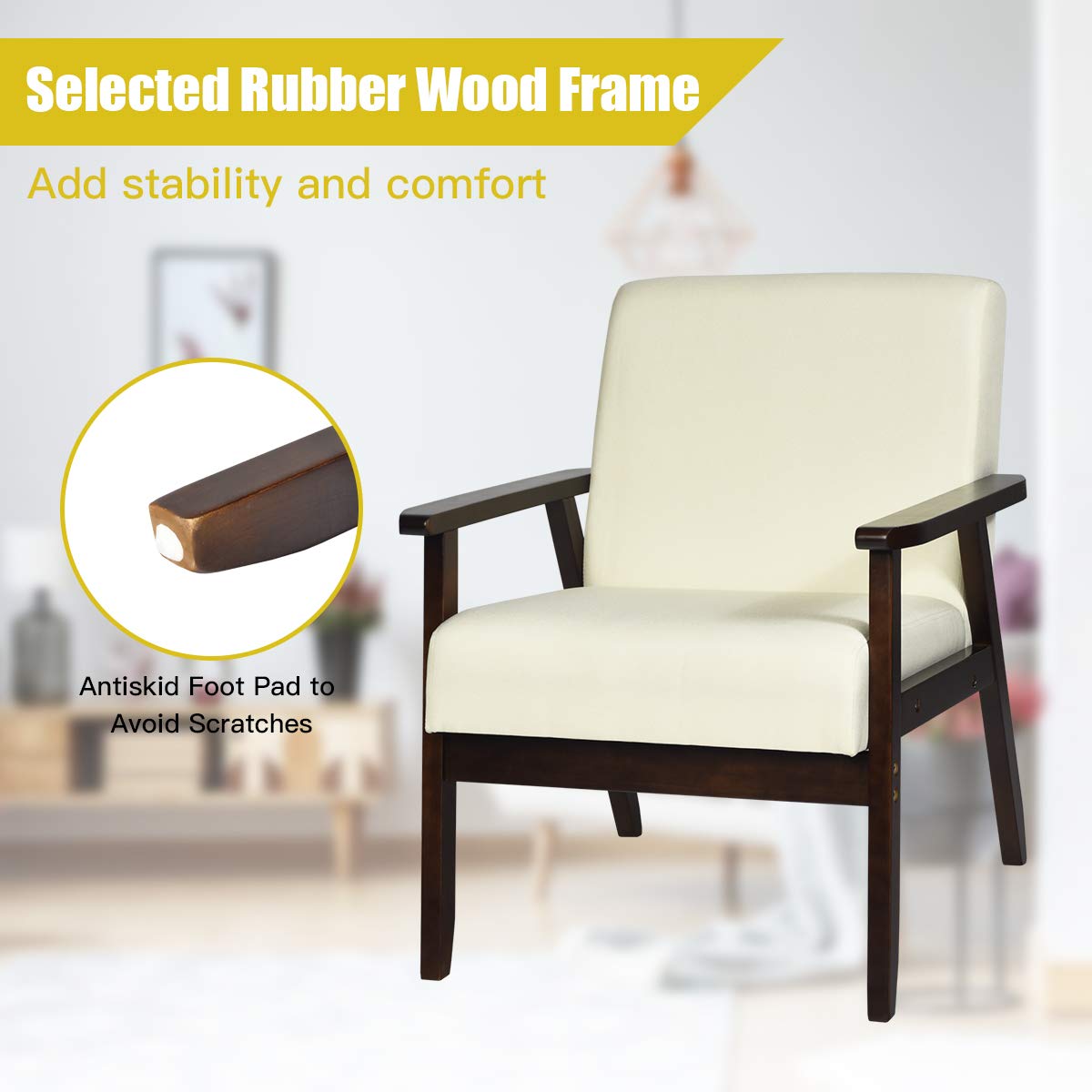 Armrest Accent Chair, Upholstered Linen Fabric Lounge Chair with Rubber Wood Legs, Comfortable Backrest