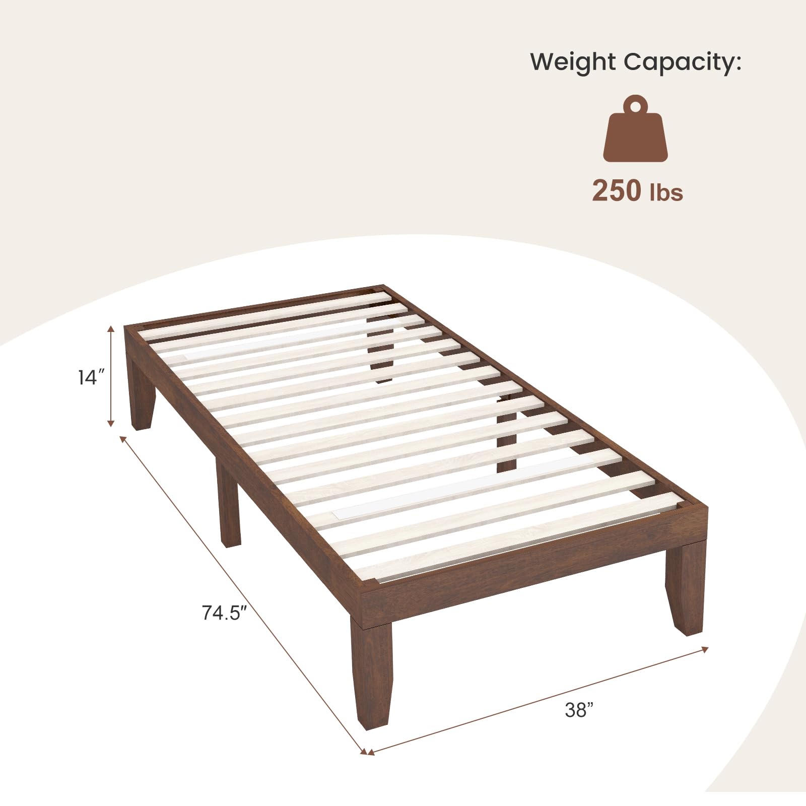 14 Inches Wood Platform Bed Frame, Solid Wood Mattress Foundation with Rubber Wood Frame