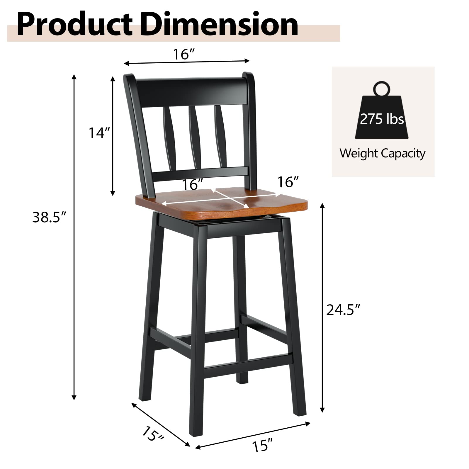 24.5 Inch Solid Rubber Wood Bar Stools Set of 2/4 with 360 &deg;Swiveling, Footrest