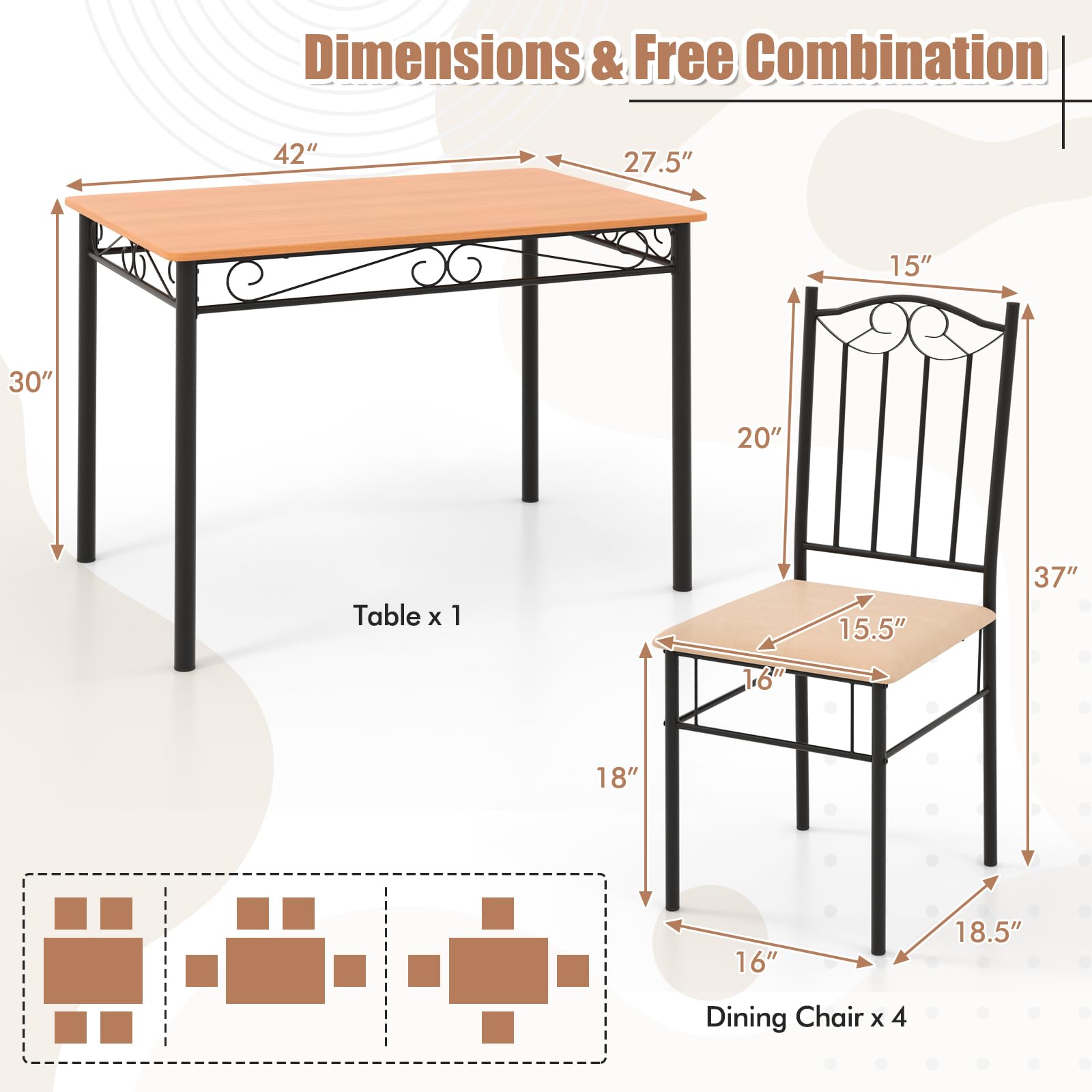 5 Pieces Dining Table Set, Modern Rectangular Dining Table & 4 Upholstered Chair Sets
