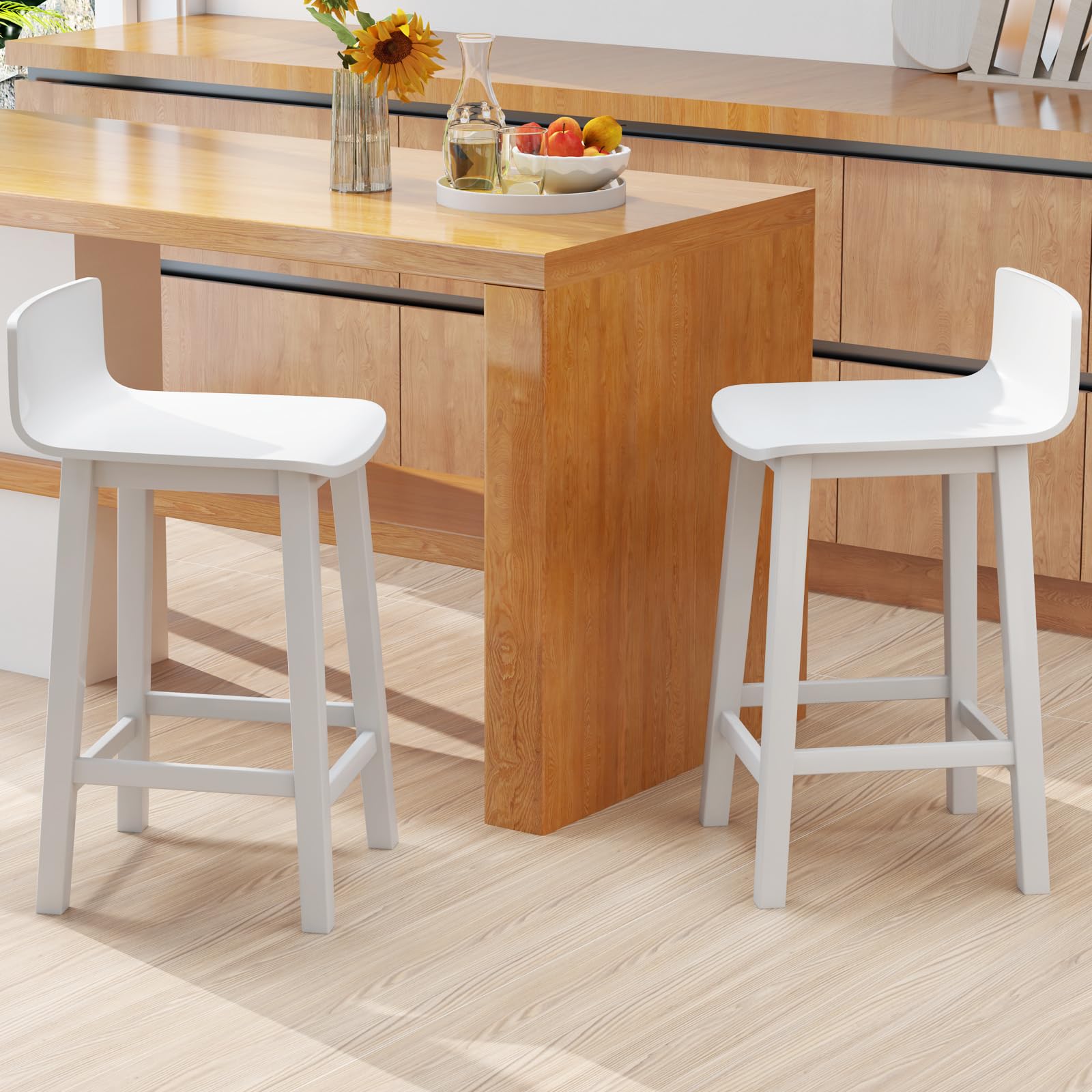 Solid Wood Bar Stools Set of 2/4, Counter Height Chairs with Low Back and Footrest