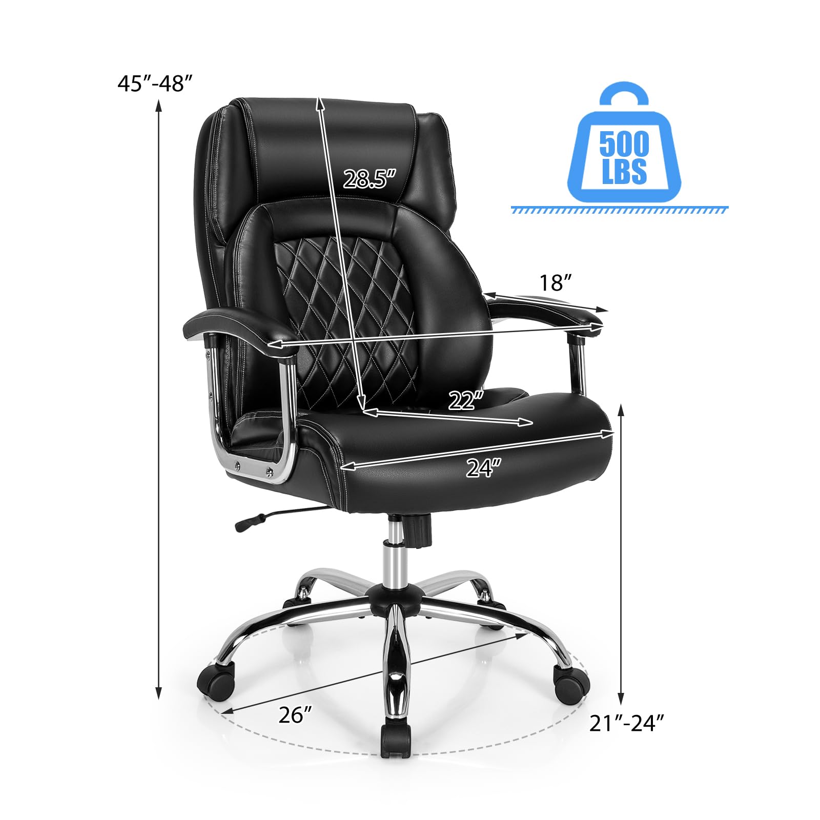 500LBS Big and Tall Office Chair, Wide Seat Large Leather Executive Chair w/Heavy Duty Metal Base