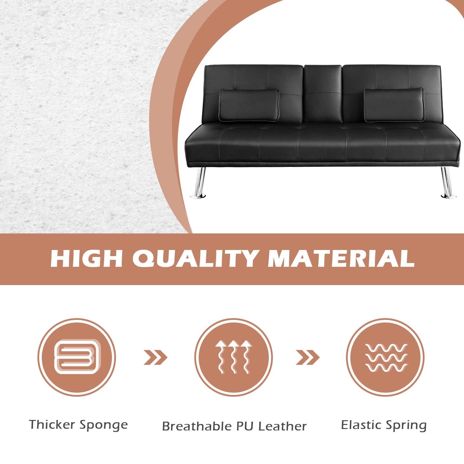 Leather Convertible Futon Sofa Bed with Removable Armrests and 2 Cup Holders