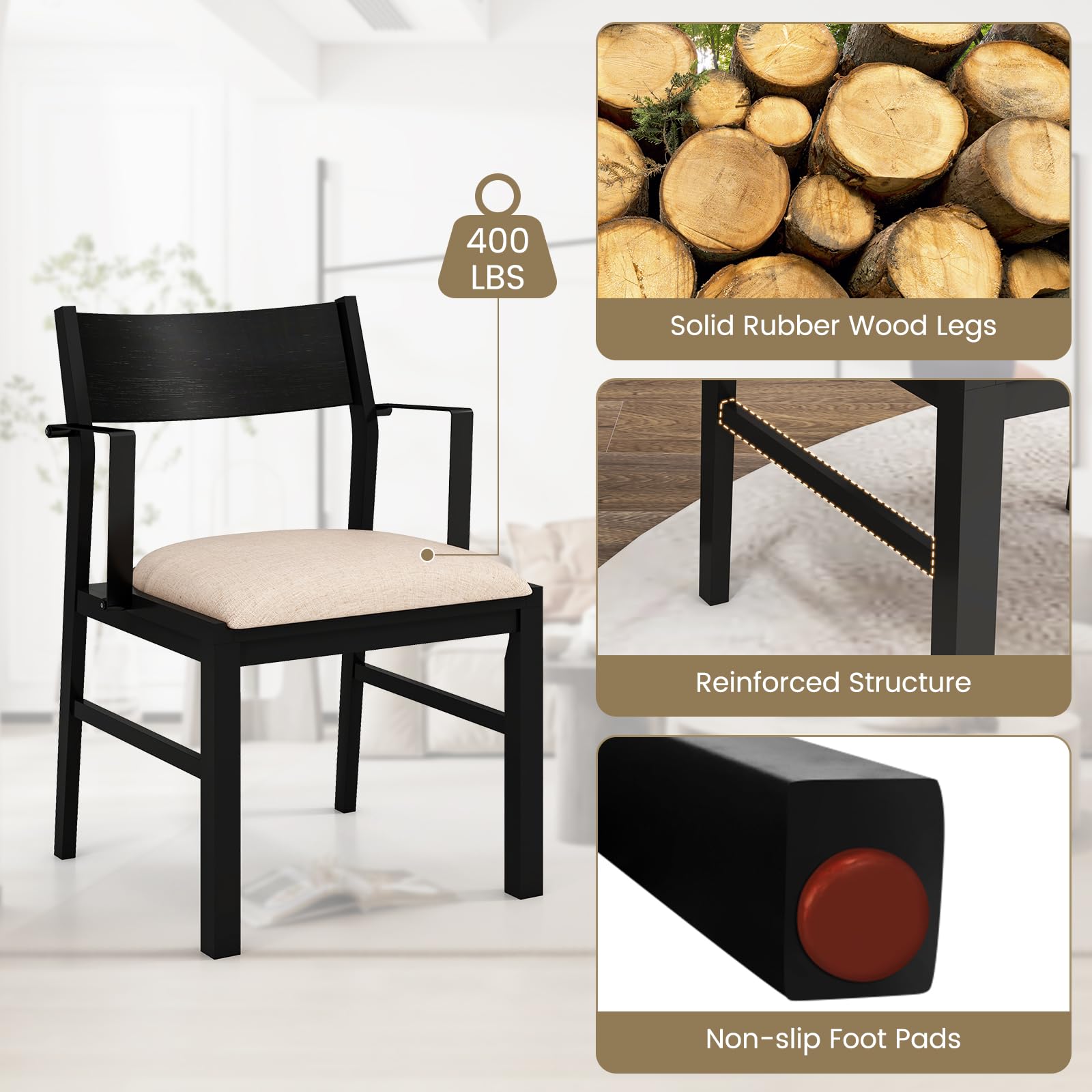 Dining Chairs Set of 2/4 with Padded Seat, Metal Armrest, Solid Rubber Wood Legs