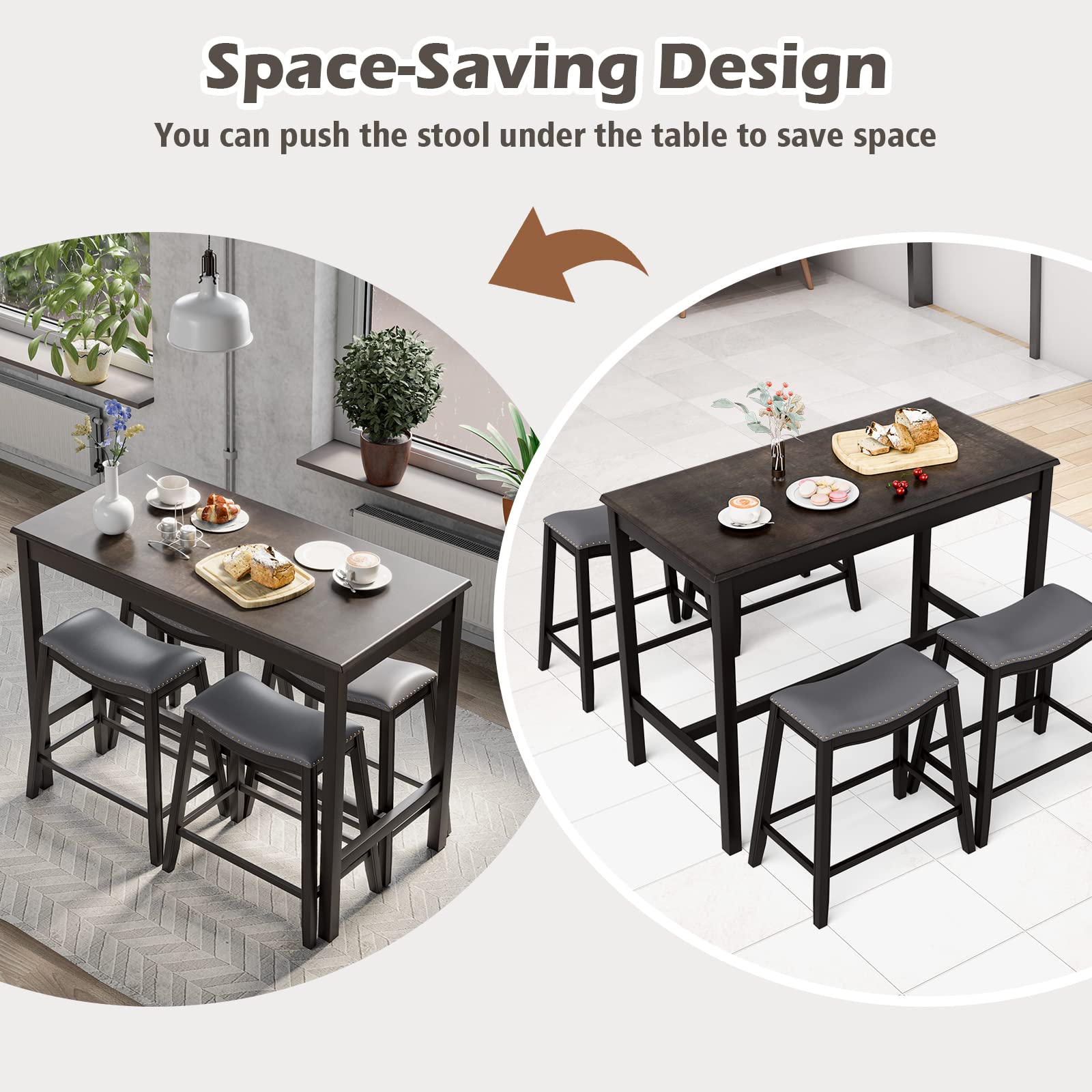 Dining Table Set for 4, Kitchen Counter Height Table w/ 4 Stools, 5 Piece Bistro Table Set