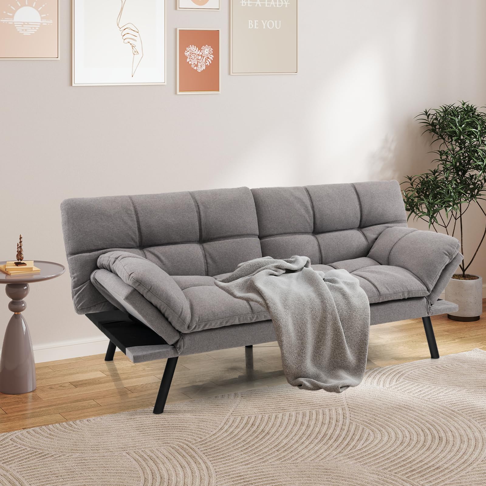 Futon Sofa Bed, Faux Leather Memory Foam Convertible Futon Couch with Adjustable Backrest & Armrests