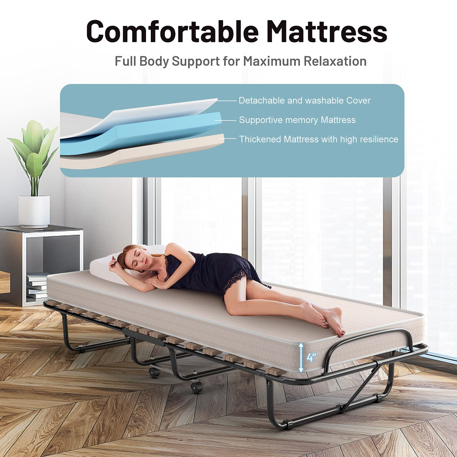 Portable Rollaway Bed with 4" Memory Foam Mattress for Adults and Guests