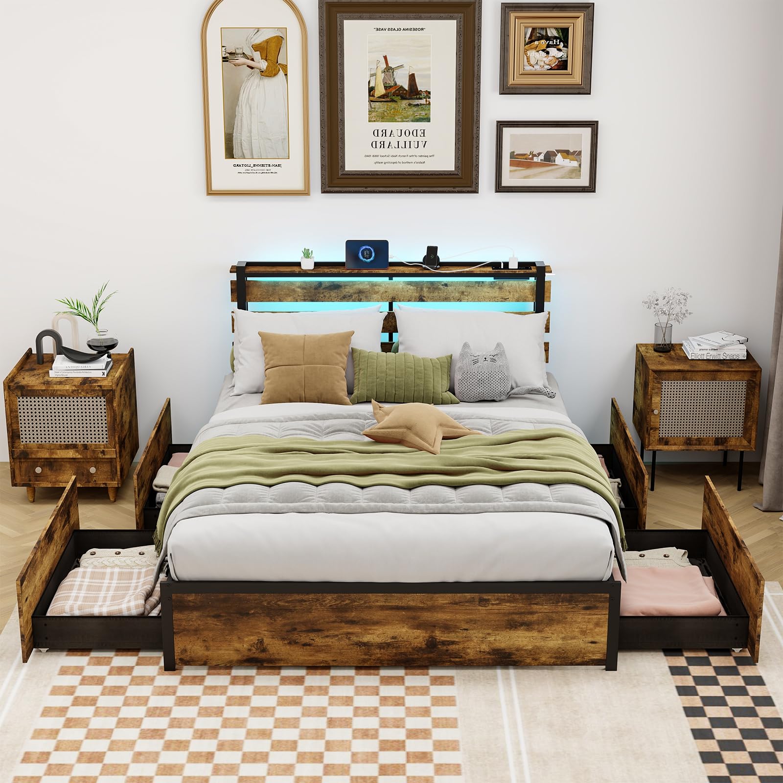 Industrial Bed Frame with 4 Drawers & LED Lights Headboard