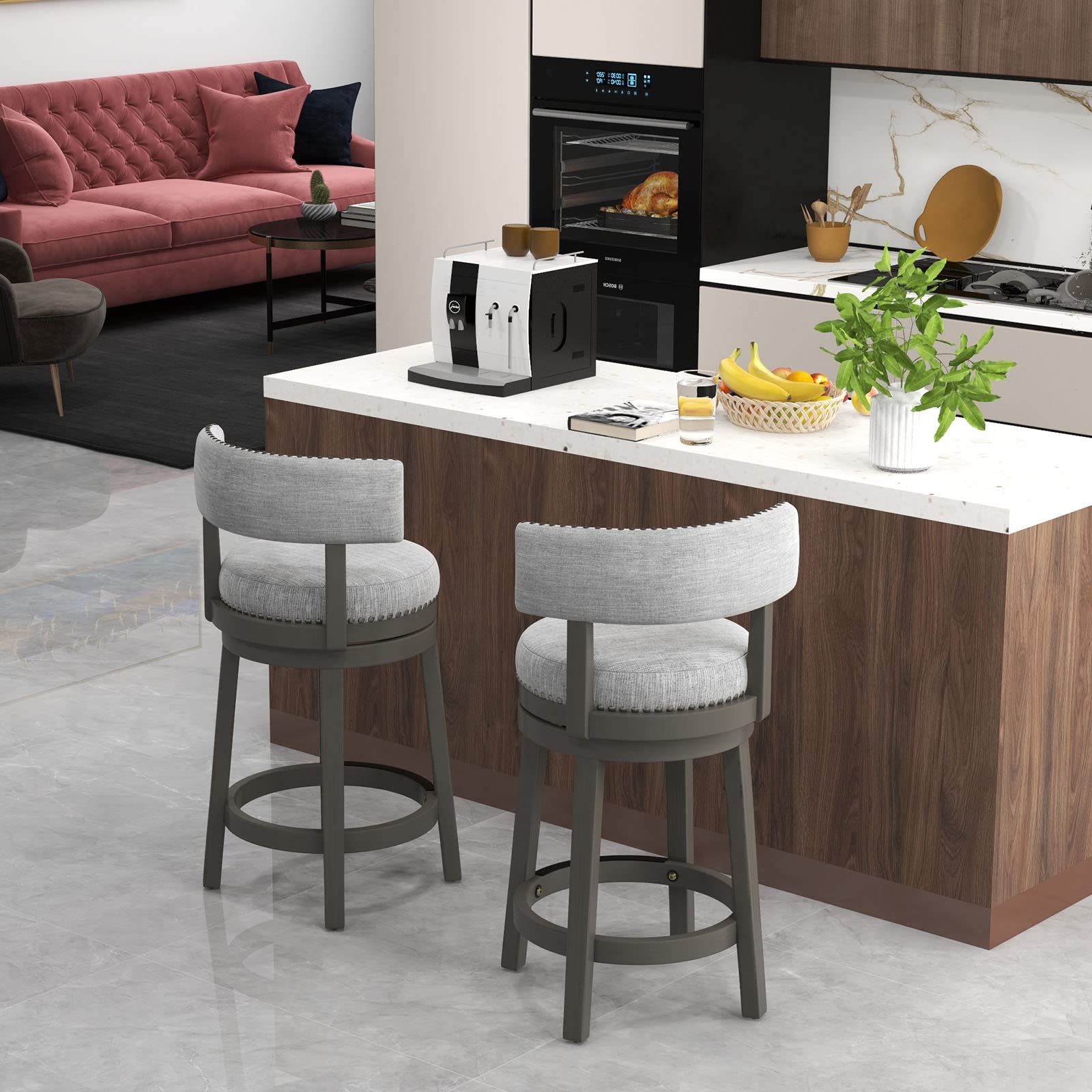 Modern 360&deg; Swivel Bar Stool with Upholstered Back & Seat, Solid Rubber Wood Legs & Round Footrest
