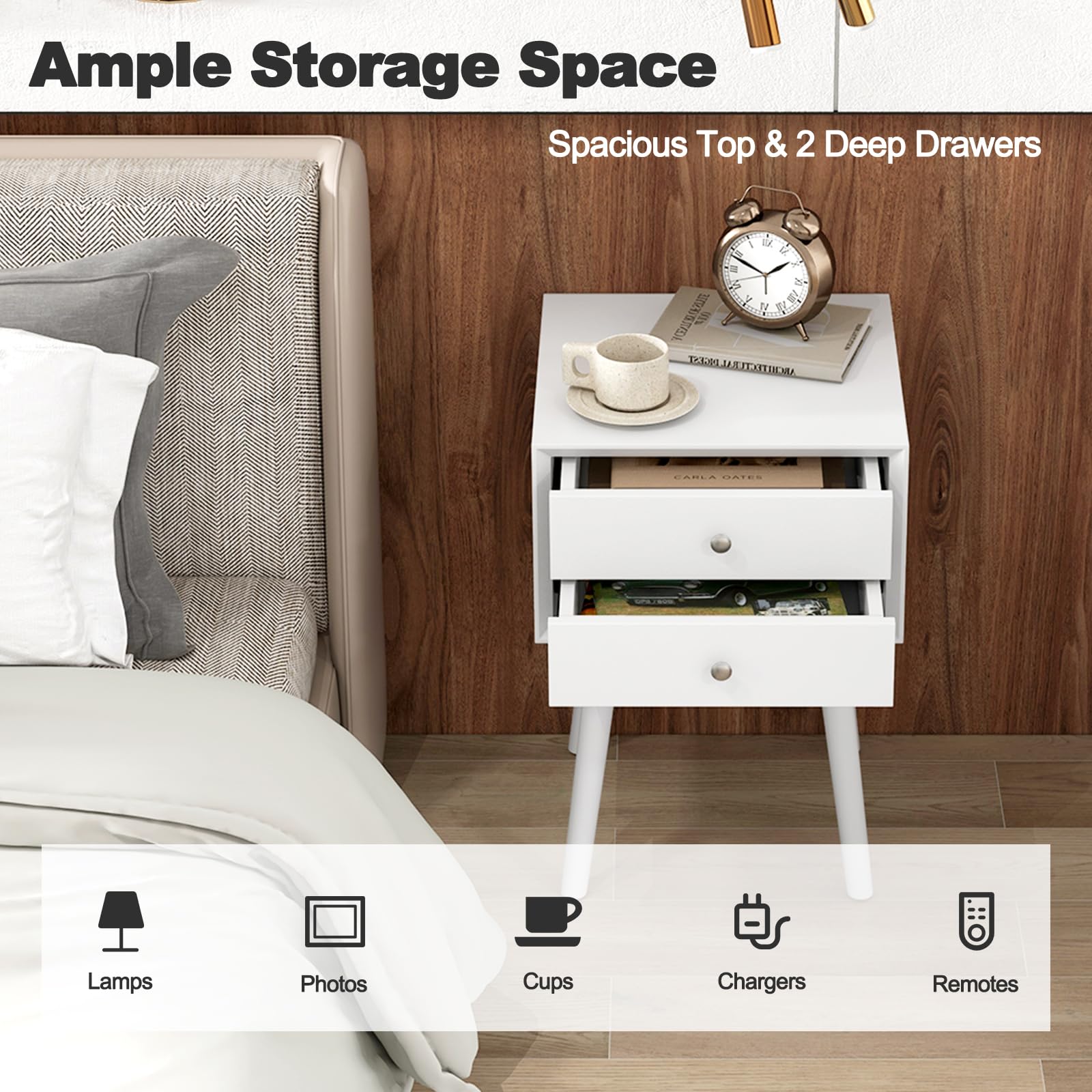 2-Drawer Nightstand, Mid-Century Modern Bed Side Table with Storage