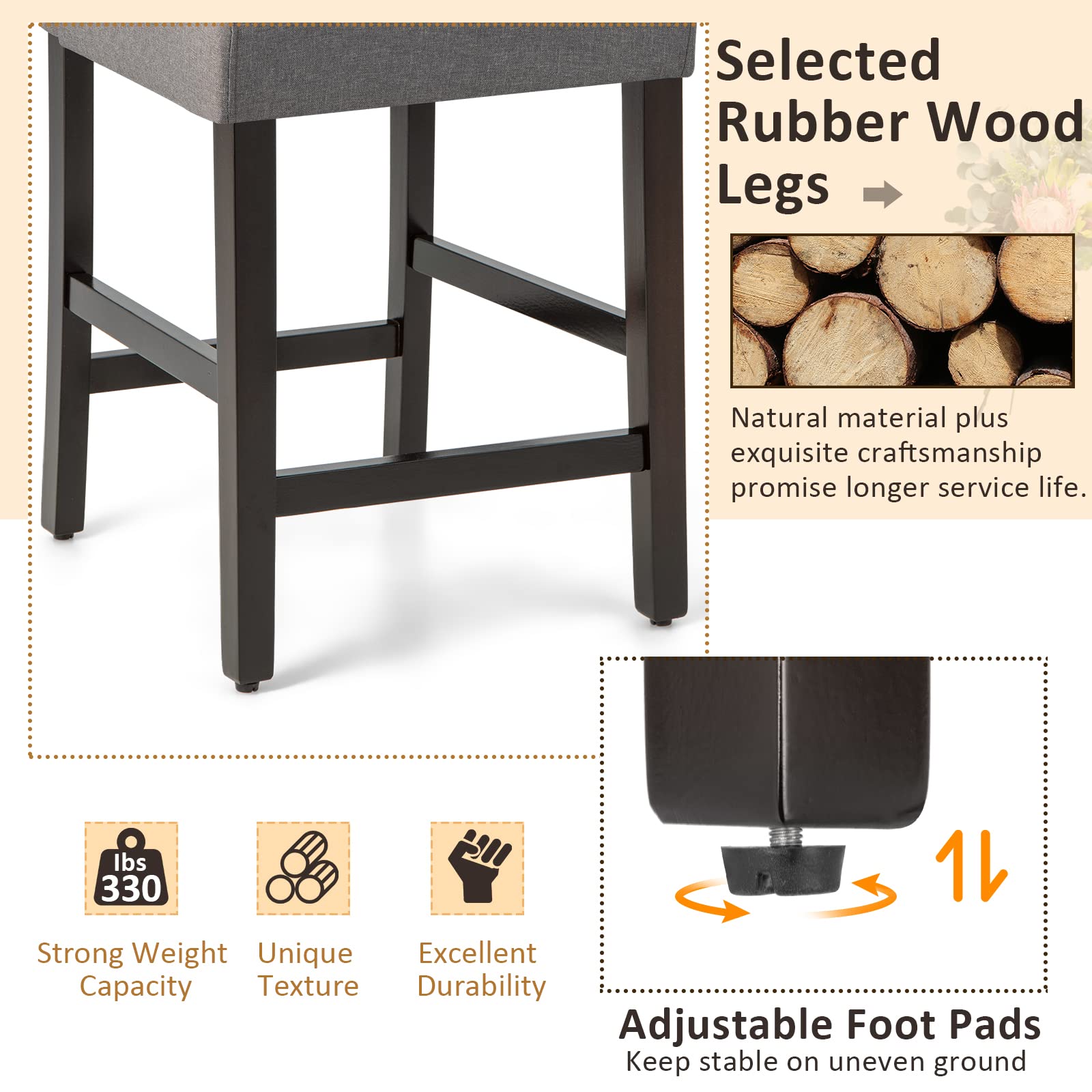 Bar Stools Set of 2/4, Counter Height Bar Dining Chairs with Rubber Wood Legs, Footrest