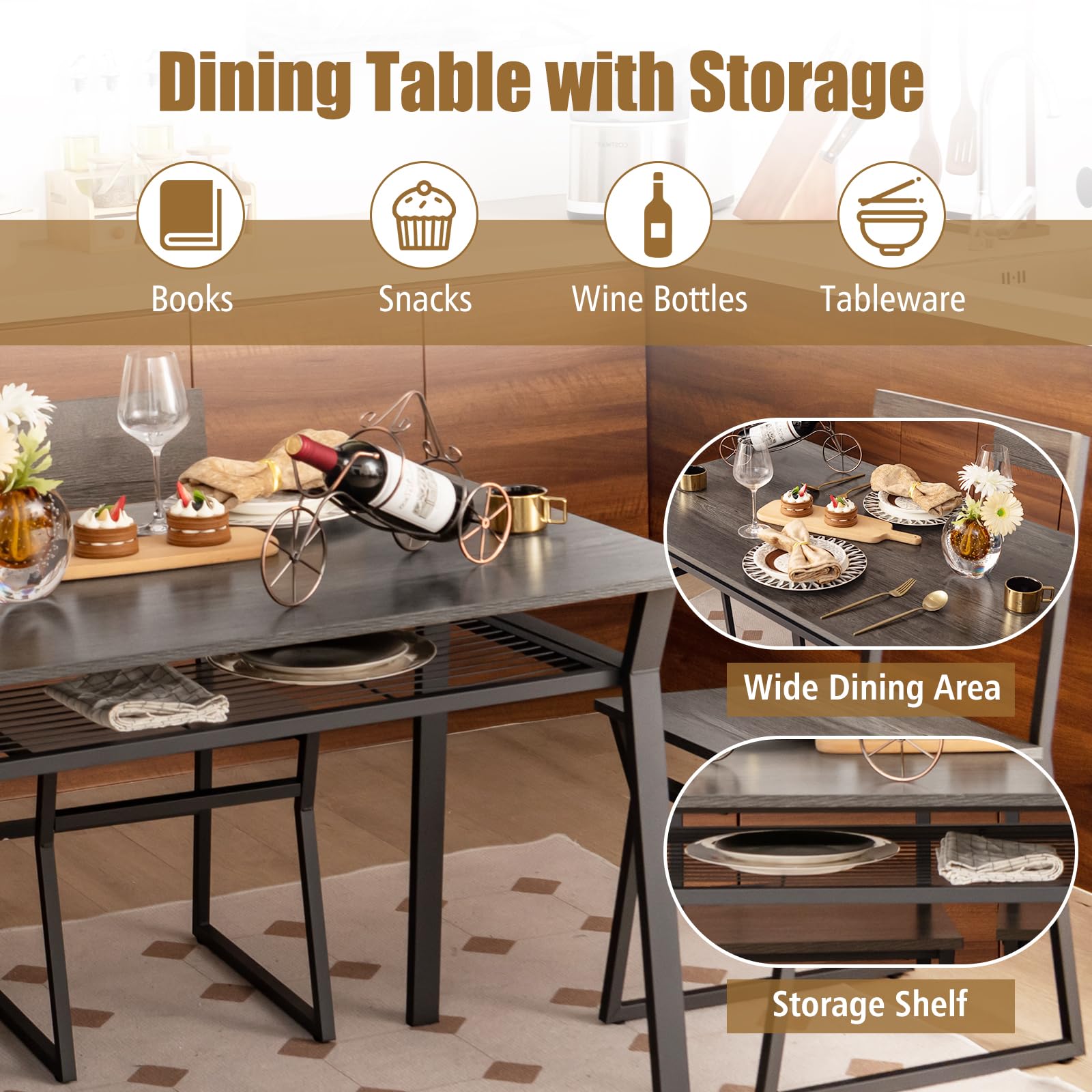 Dining Table Set for 4, 47&rdquo;L x 28&rdquo;W Rectangular Kitchen Table w/ 4 Trapezoid Chairs, Reinforced Metal Frame & Storage Rack