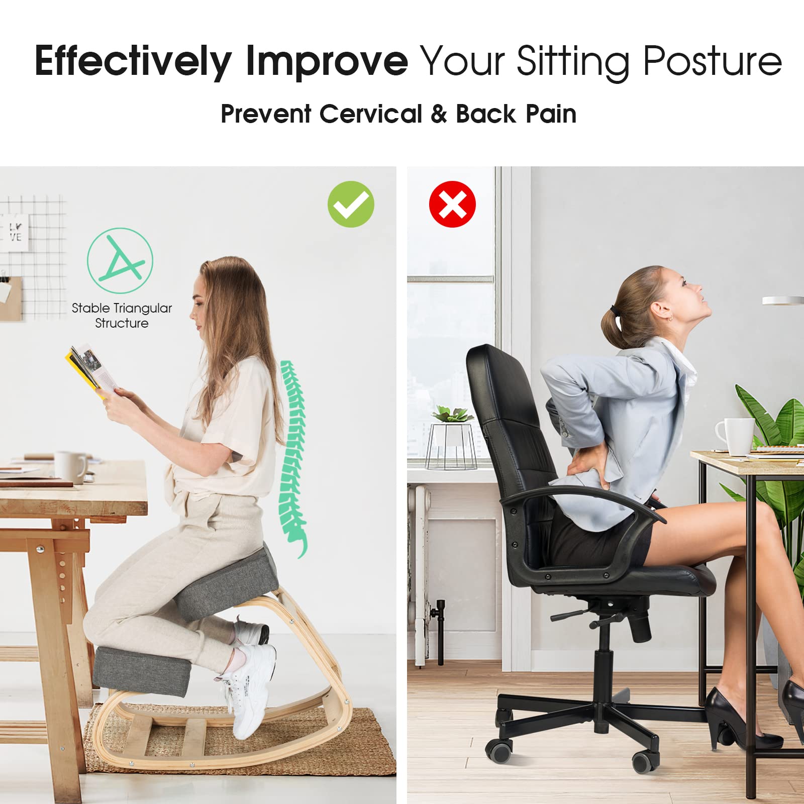 Kneeling Chair, Wood Posture Chair, Max Load 330 Lbs, Rocking Knee Chair with Soft Cushion