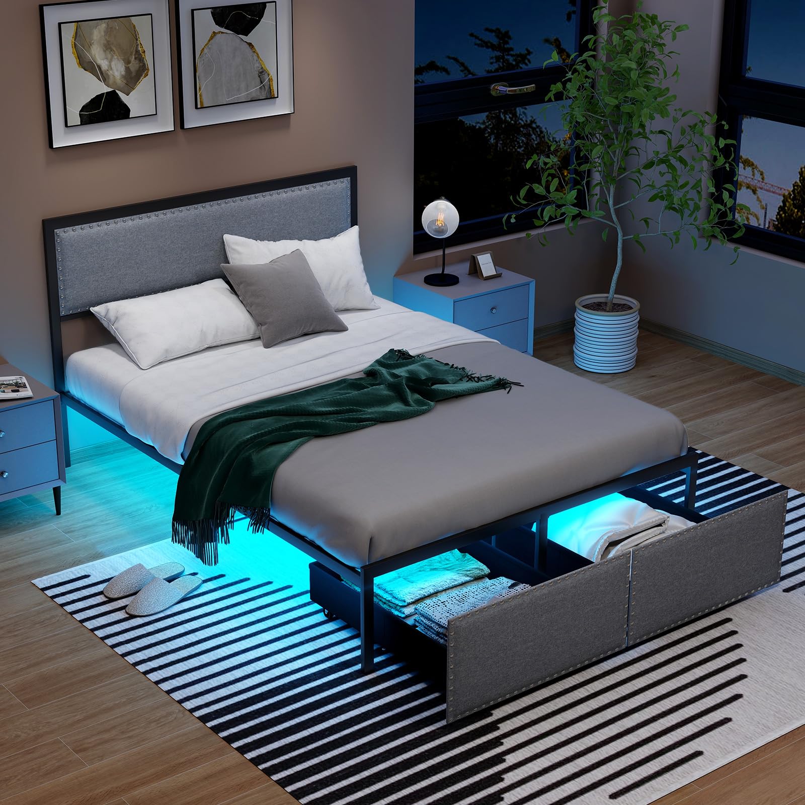  Metal Platform Bed Frame with Storage Drawer