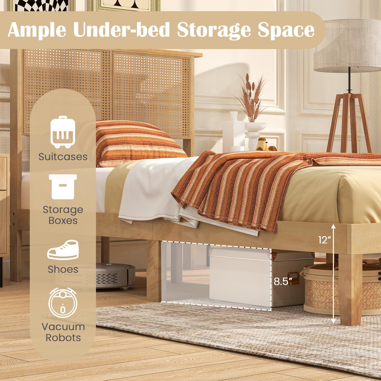 Wood Platform Bed Frame with Rattan Headboard, Wooden Slats & Under-Bed Storage