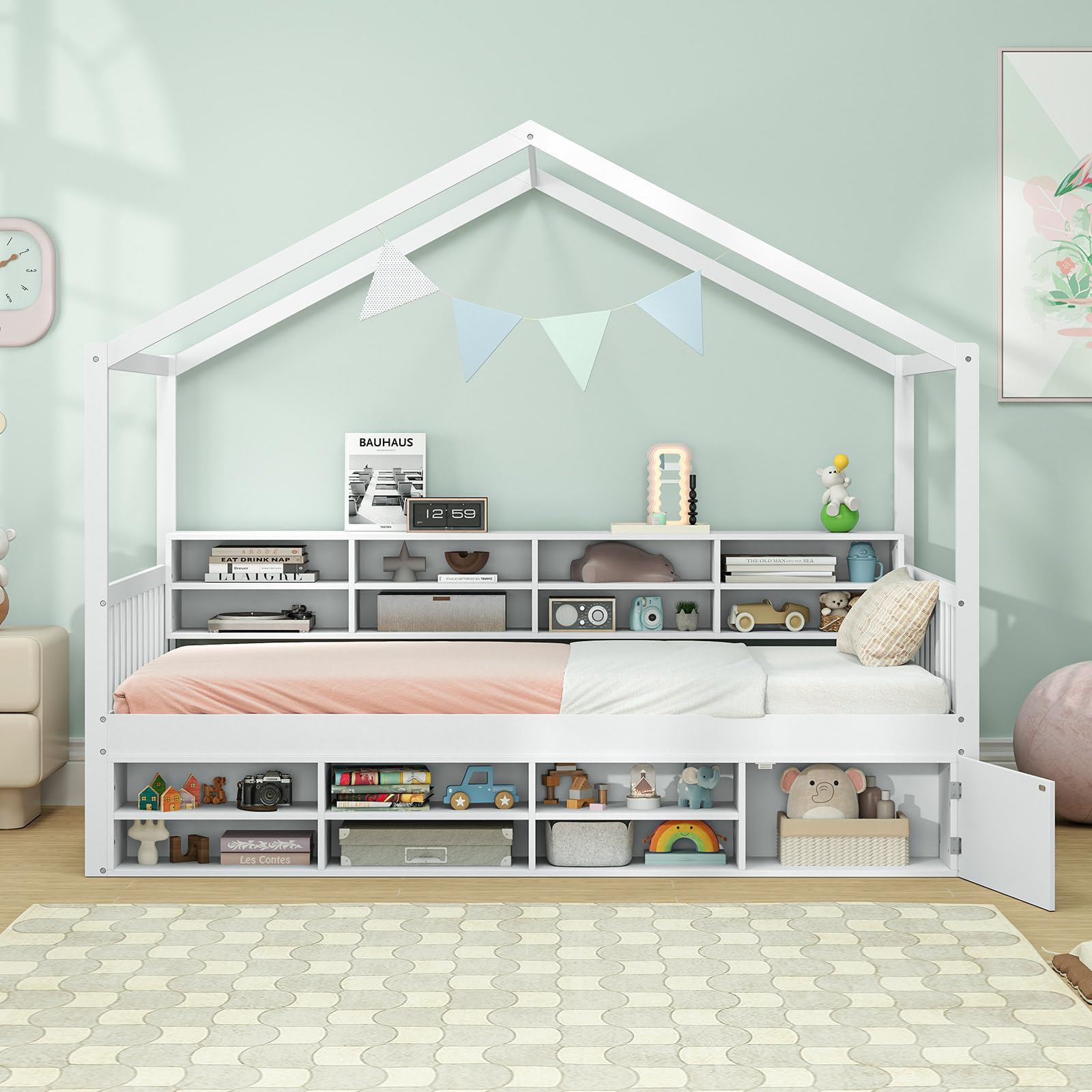 Twin Size House Bed with Storage, Wooden Montessori House Bed with 14 Storage Cubes, Enclosed Cabinet, Wood Slats & Fencing