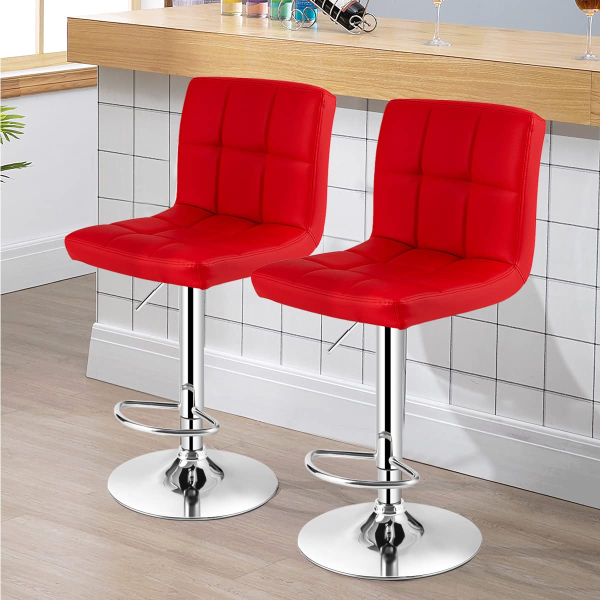 Modern PU Leather Height Adjustable Bar Stools  Set of 1/2 with Back, Footrest, Metal Base