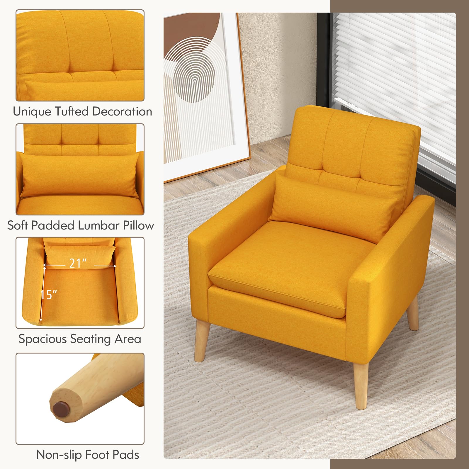Modern Linen Accent Chair, Upholstered Tufted Armchair with Lumbar Pillow, Rubber Wood Legs, Padded Cushion
