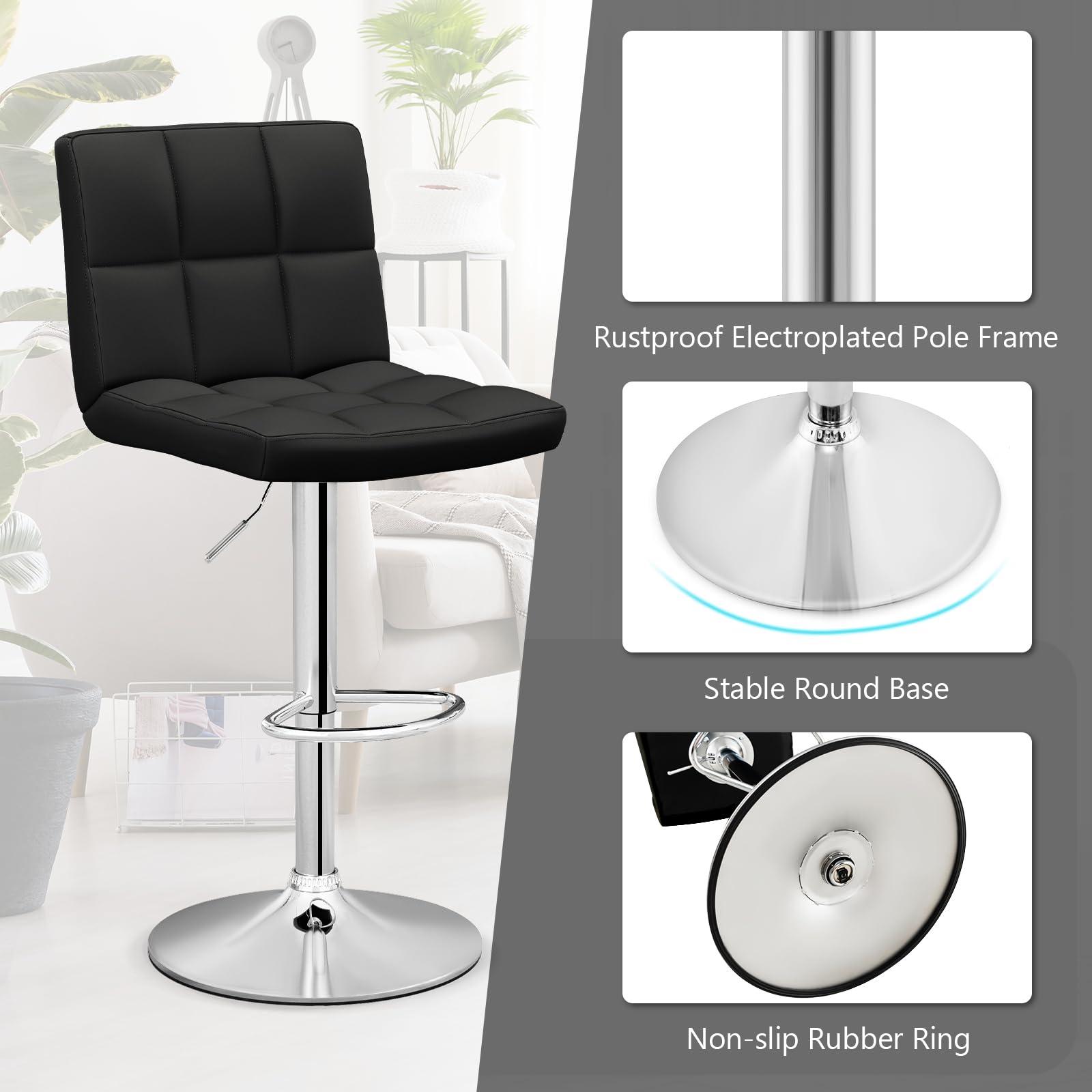 Modern PU Leather Height Adjustable Bar Stools  Set of 1/2 with Back, Footrest, Metal Base