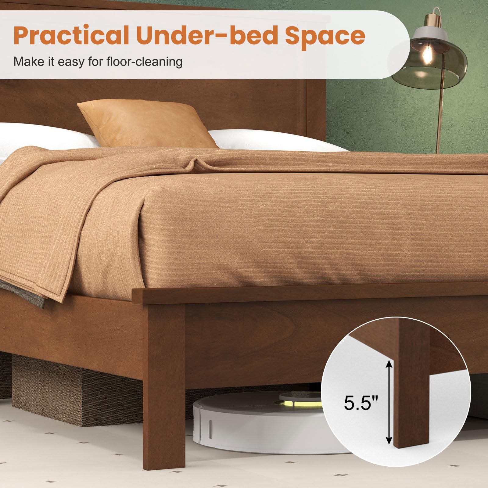 Wood Platform Bed Frame with Headboard, Mid Century Platform Bed Frame with Solid Wood Legs & Wooden Slat Support