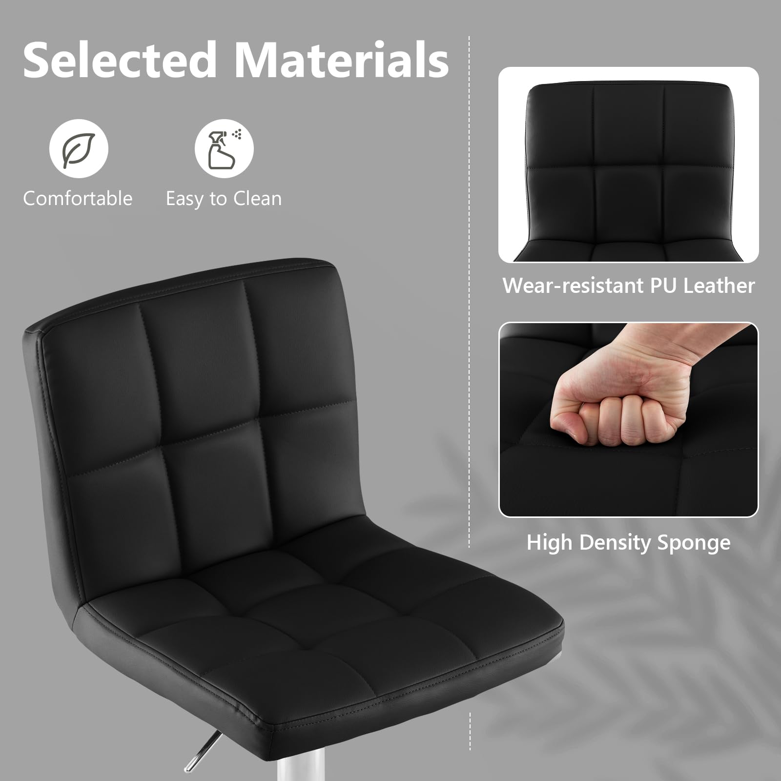 Modern PU Leather Height Adjustable Bar Stools  Set of 1/2 with Back, Footrest, Metal Base