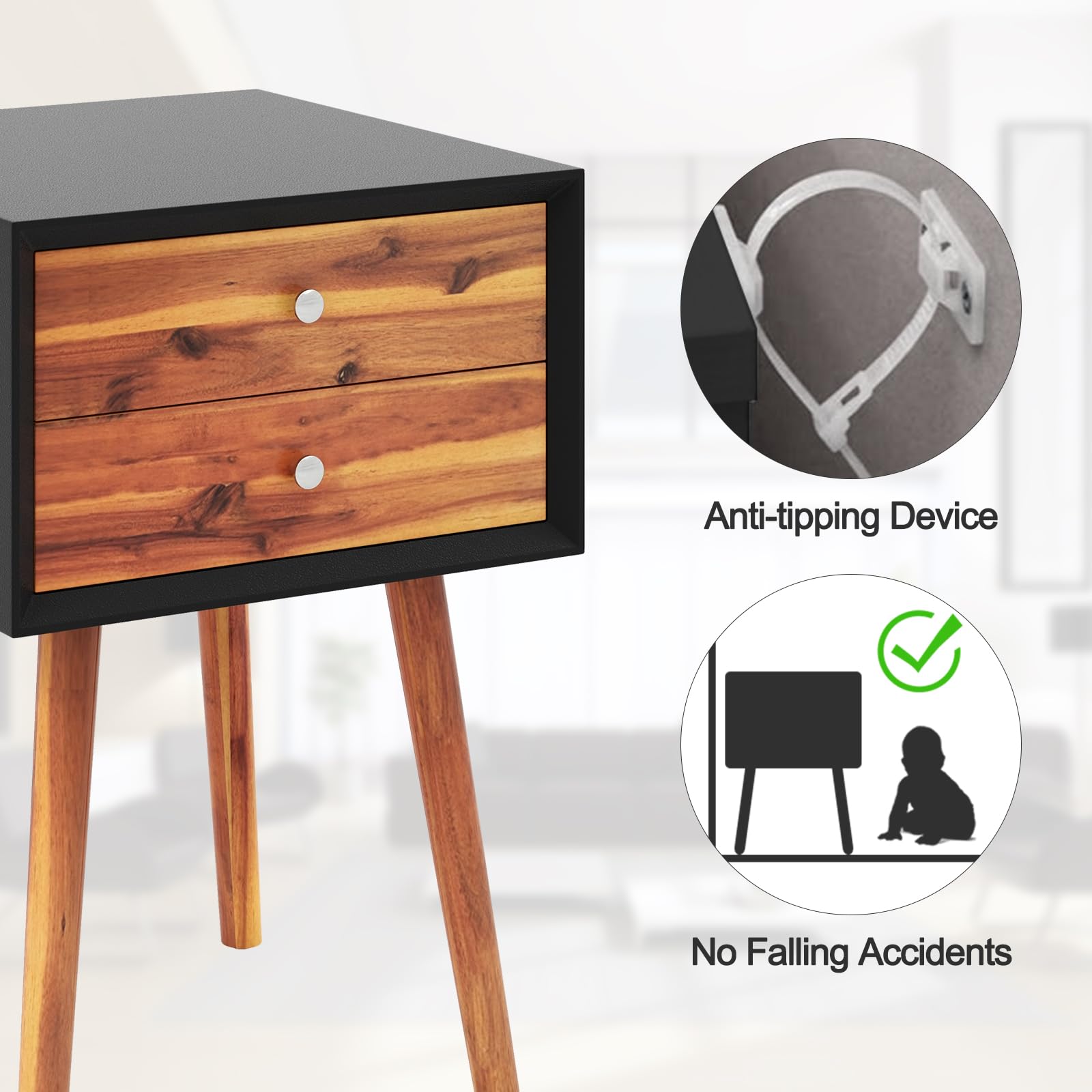 2-Drawer Nightstand, Mid-Century Modern Bed Side Table with Storage