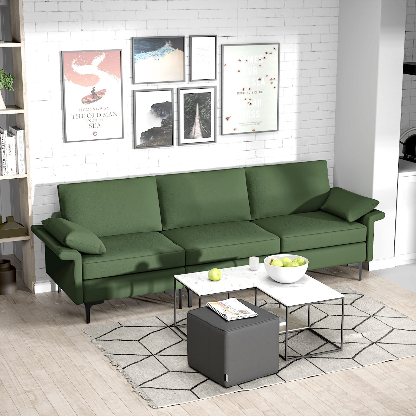 100.5 Inch Large Sectional Sofa, 3 Seat Couch with 3-Hole Outlet & 2 USB Ports