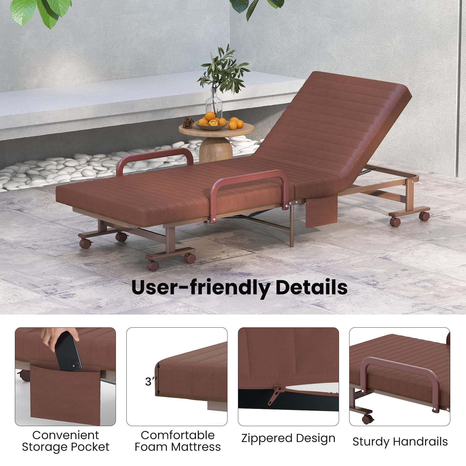Folding Bed With Mattress, Portable Guest Bed With Adjustable 6 Position & Side Storage Pocket