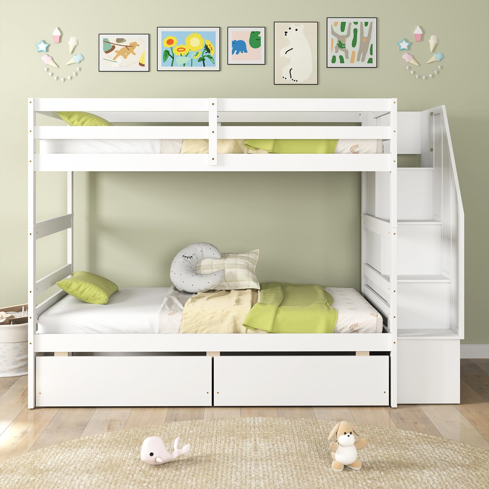 Wood Twin Over Twin Bunk Bed with 2 Storage Drawers & Stairs