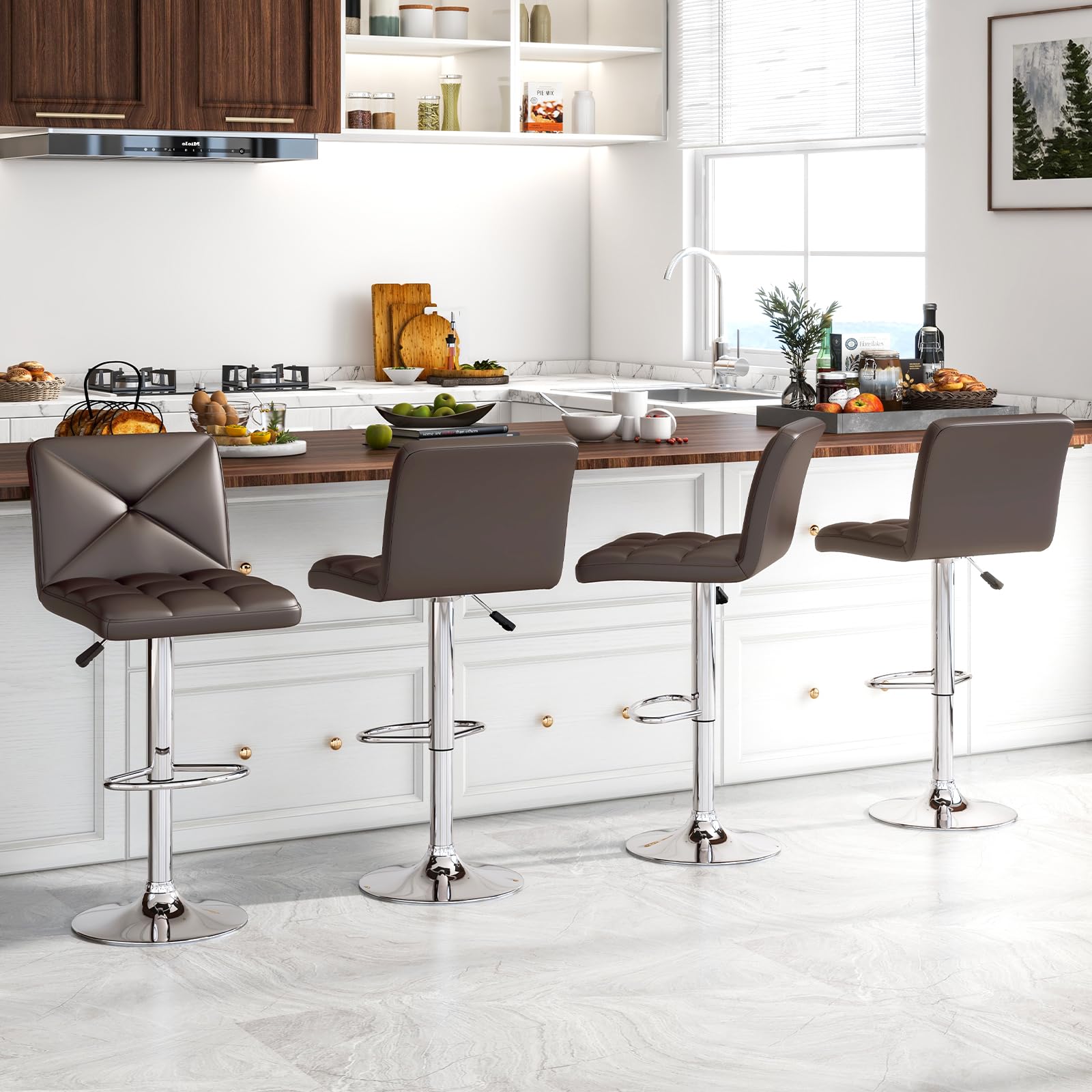 Bar Stools Set of 2/4, Modern PU Leather Swivel Counter Height Bar Stools with Back, Heavy-Duty Metal Base & Footrest